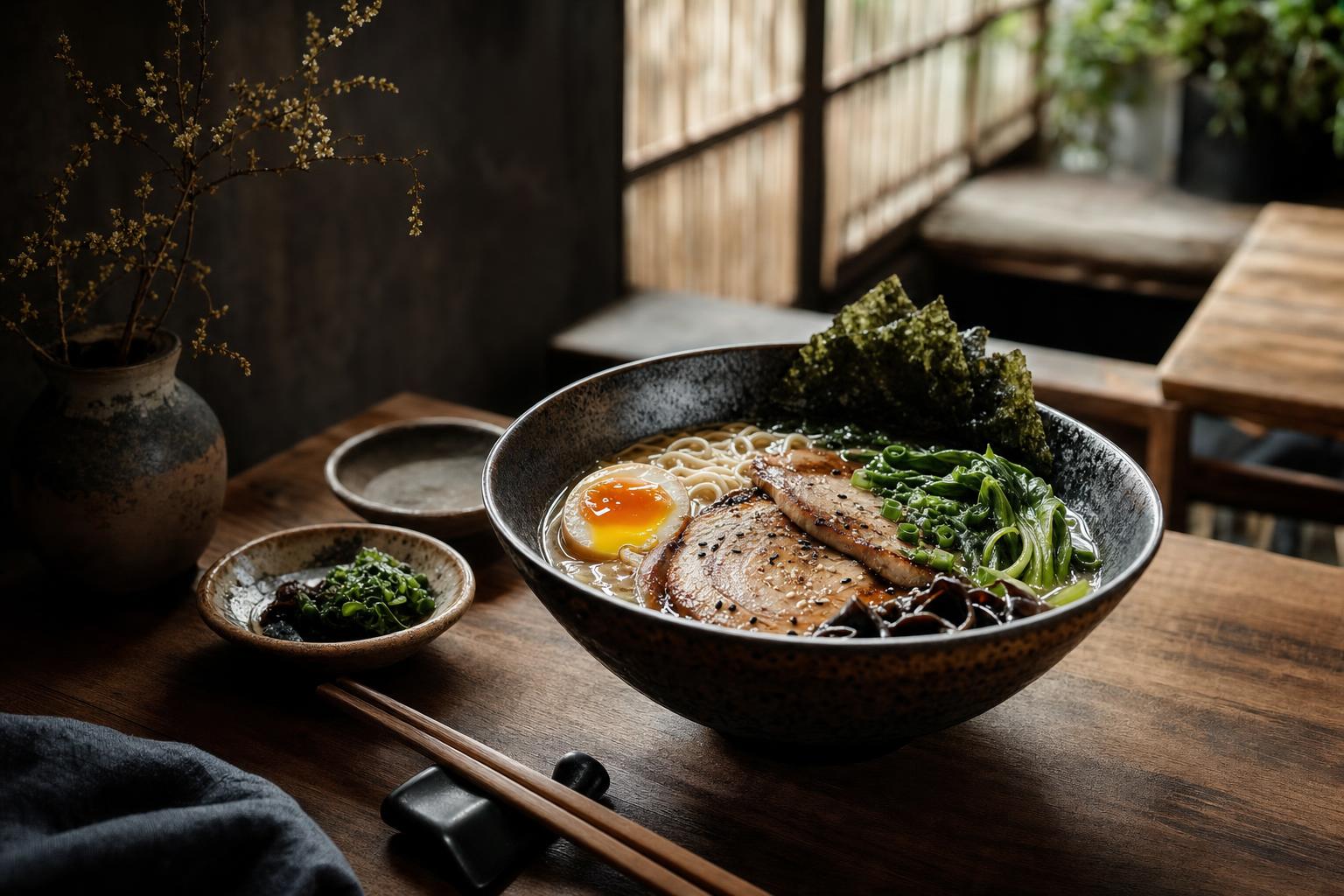Schüssel Ramen mit Brühe, Nudeln, Fleischscheiben, Algen und Gemüse auf Holztresen in gemütlichem Restaurant mit warmem Licht.