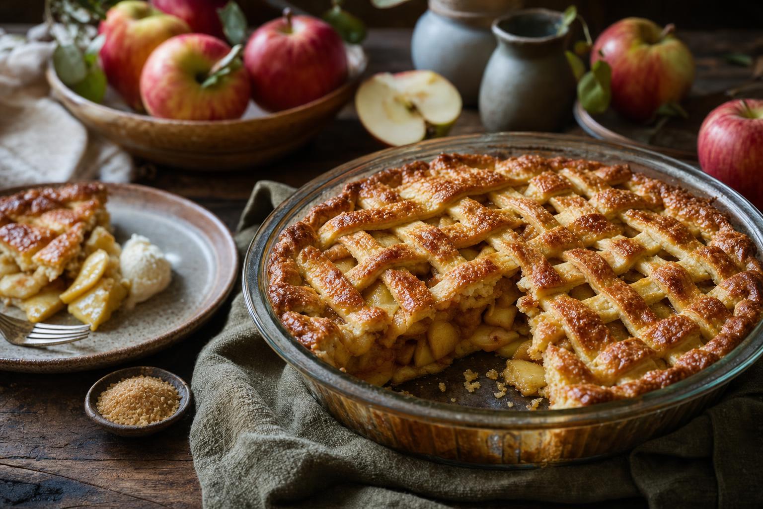 Frisch gebackener Apfelkuchen mit goldbraunem Gitterteig in einer Glasform, angeschnitten, daneben Äpfel auf Holzbrett.