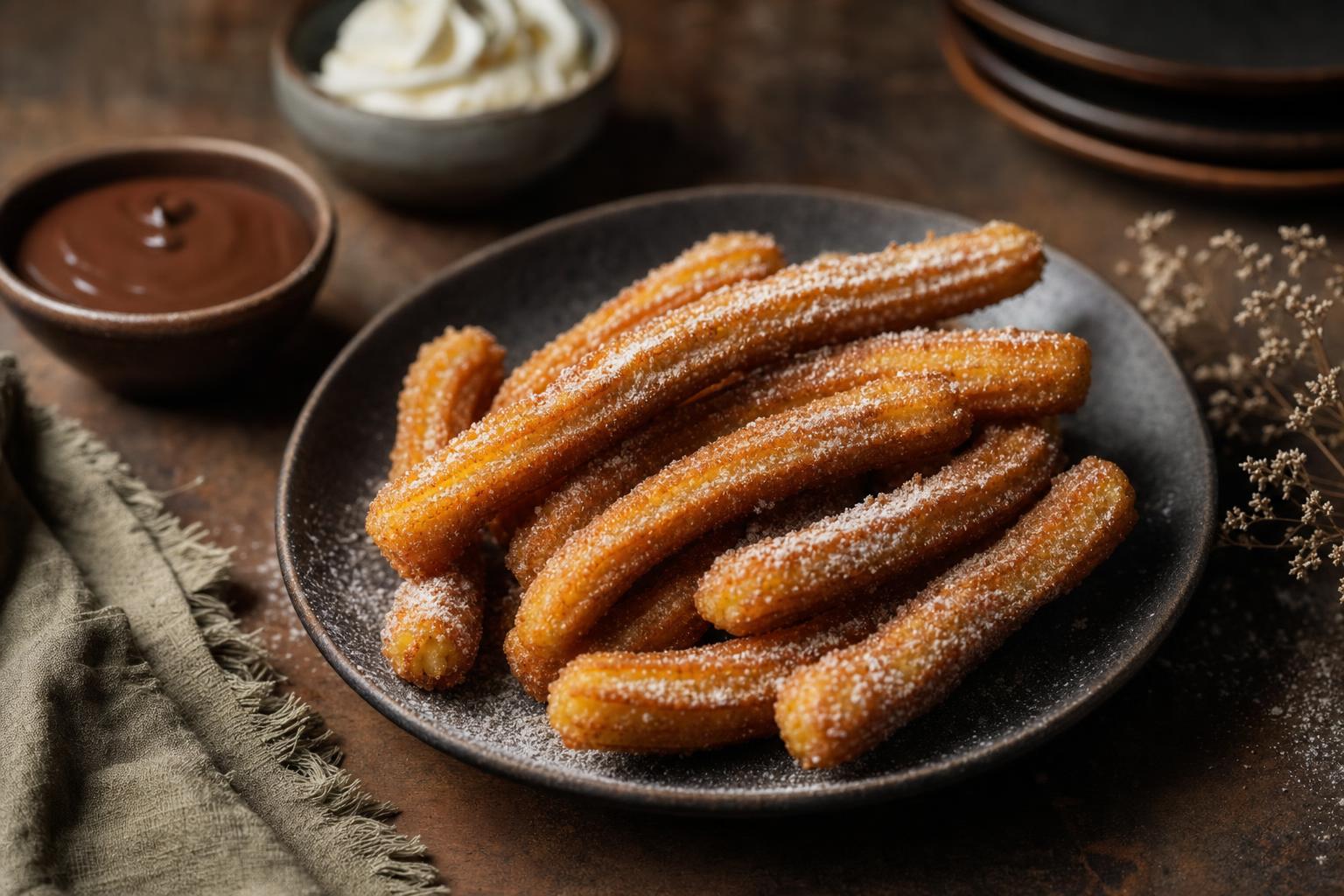 Goldbraune Churros auf einem dunklen Teller, bestäubt mit Puderzucker, dazu Schälchen mit Schokoladen- und Sahnedip im Hintergrund.