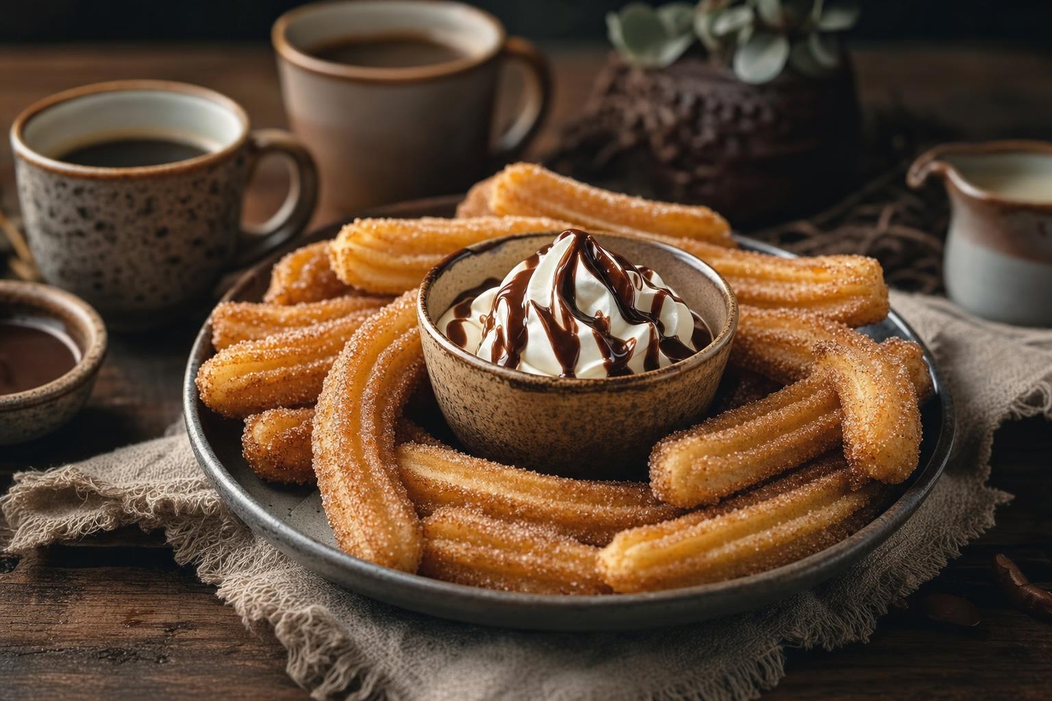 Goldene Churros um eine Schale Schlagsahne mit Schokosauce, dazu Kaffeetassen im Hintergrund auf einem gemütlich gedeckten Tisch.