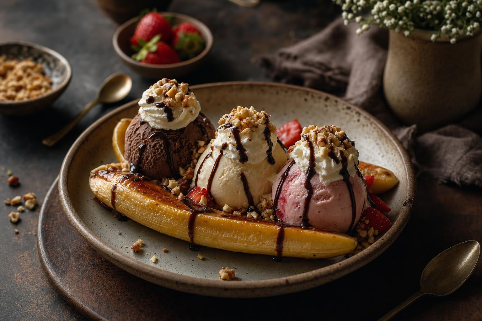 Zwei karamellisierte Bananenhälften mit Kugeln Vanille-, Schokoladen- und Erdbeereis, Schokoladensoße, Nüssen und Sahne serviert.