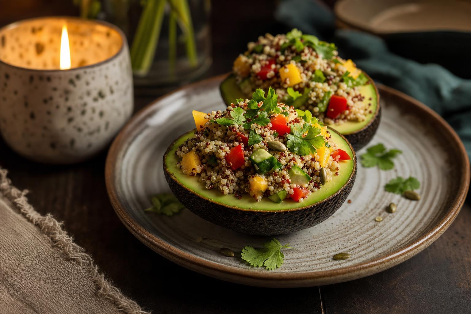 Halbierte Avocado, gefüllt mit buntem Quinoa-Gemüsesalat, auf einem Teller serviert, im Hintergrund eine brennende Kerze.