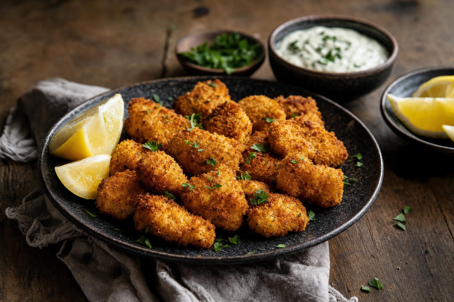 Knusprige vegane Nuggets auf dunklem Teller, dazu Zitronenspalten und cremiger Dip in Schälchen auf Holztisch serviert.