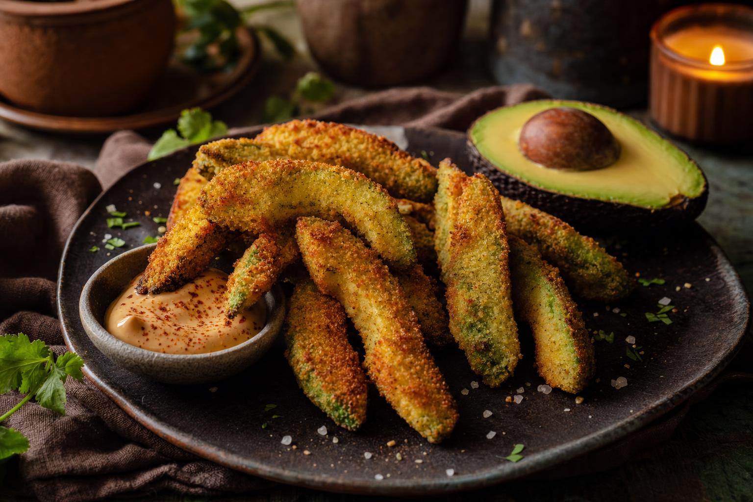 Goldbraune, knusprige Avocado-Pommes auf dunklem Teller mit Avocadohälfte und Dip, gemütlich angerichtet im warmen Licht.