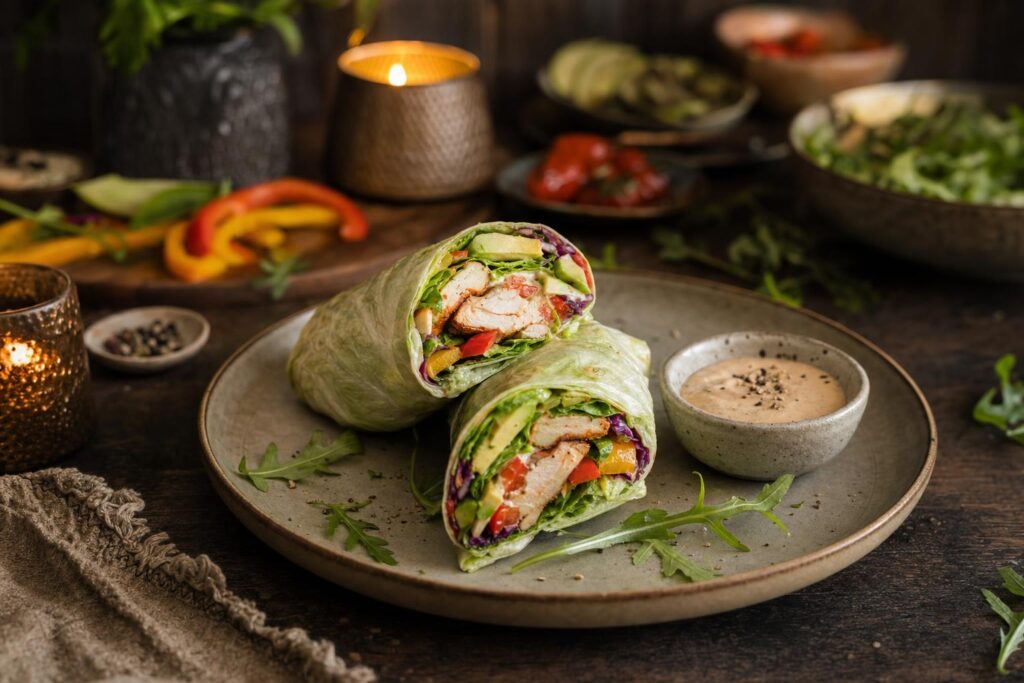 Zwei Low-Carb-Wraps mit gegrilltem Hähnchen, frischem Salat und Gemüse auf einem Teller, im Hintergrund Kerzen und Zutaten.