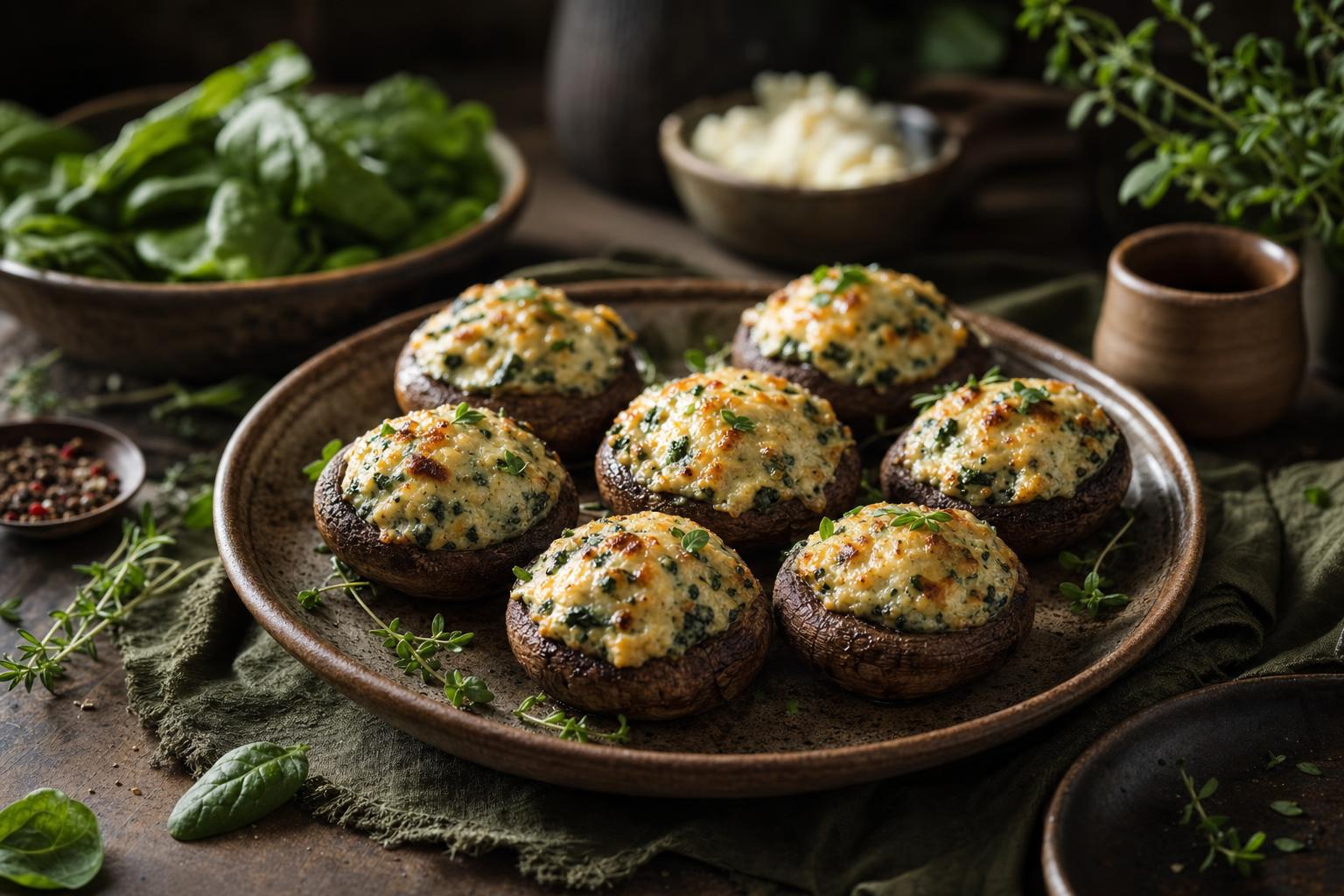 Gefüllte Champignons mit cremiger Spinat-Knoblauch-Füllung, überbacken mit geschmolzenem Käse und frischen Kräutern auf einem Teller angeric