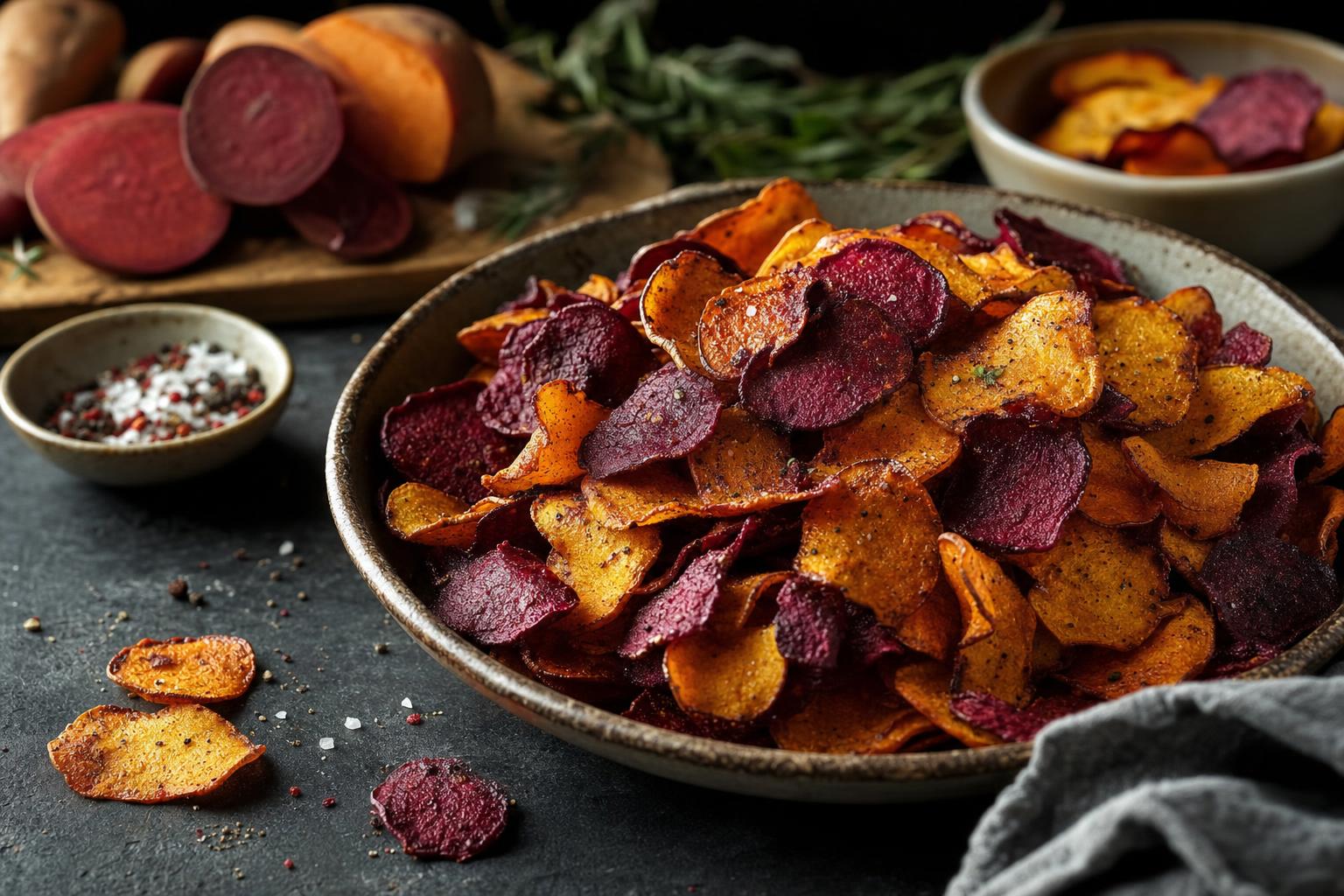 Knusprige Gemüsechips aus Rote Bete und Süßkartoffel in einer rustikalen Schale, goldbraun gebacken und leicht gewürzt.