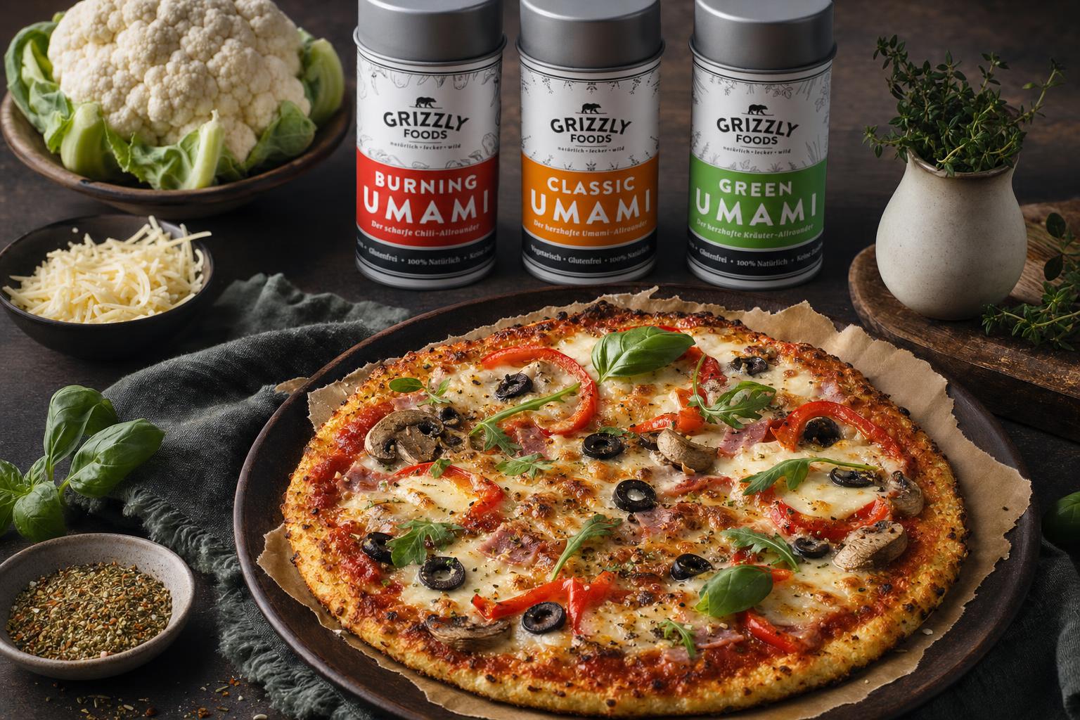 Blumenkohl-Pizza mit Tomatensauce, Käse, Schinken, Paprika und Oliven auf einem runden Backblech angerichtet