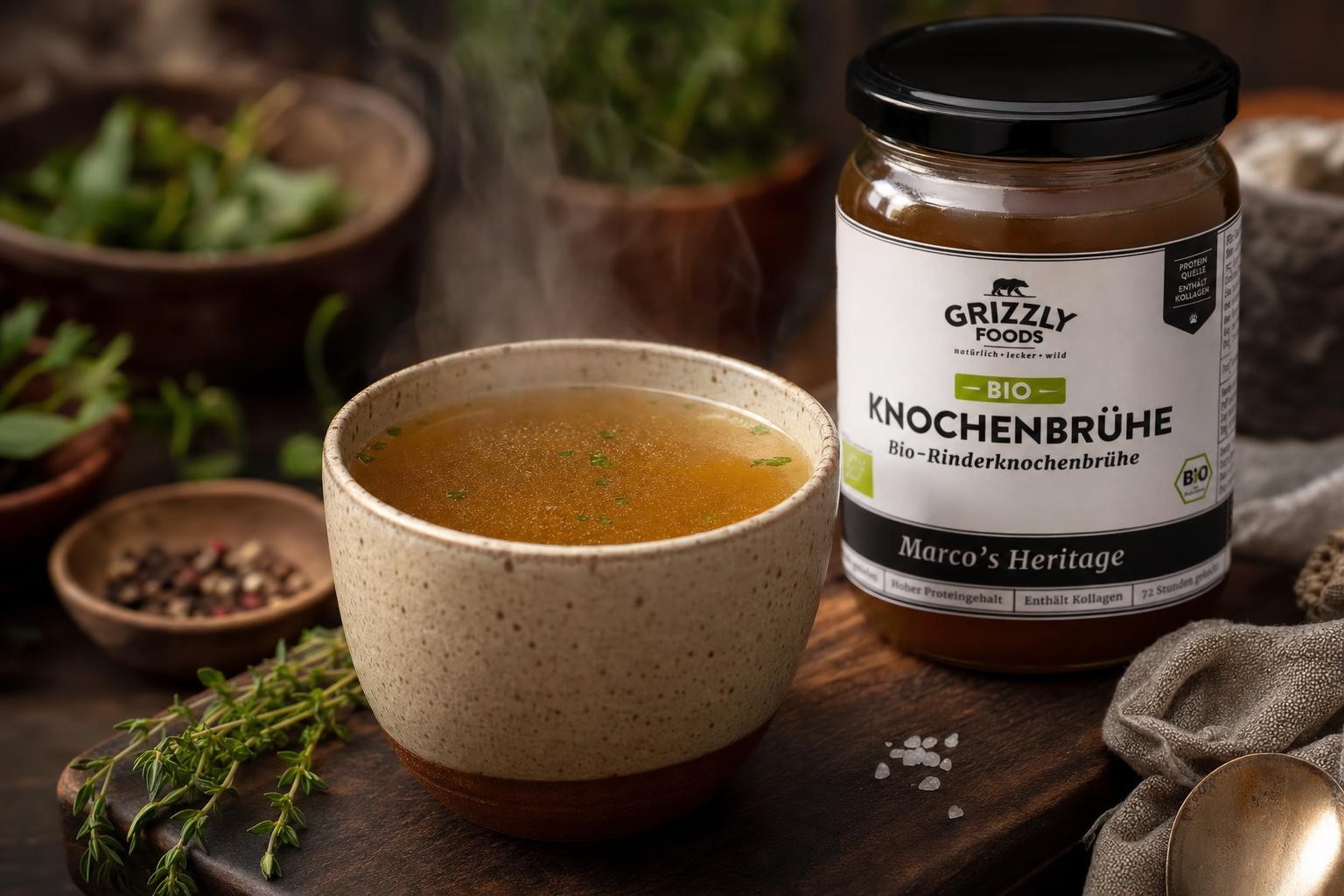 Zwei Hände halten eine rustikale Keramiktasse mit klarer, goldener Knochenbrühe vor unscharfem, warm beleuchtetem Hintergrund.