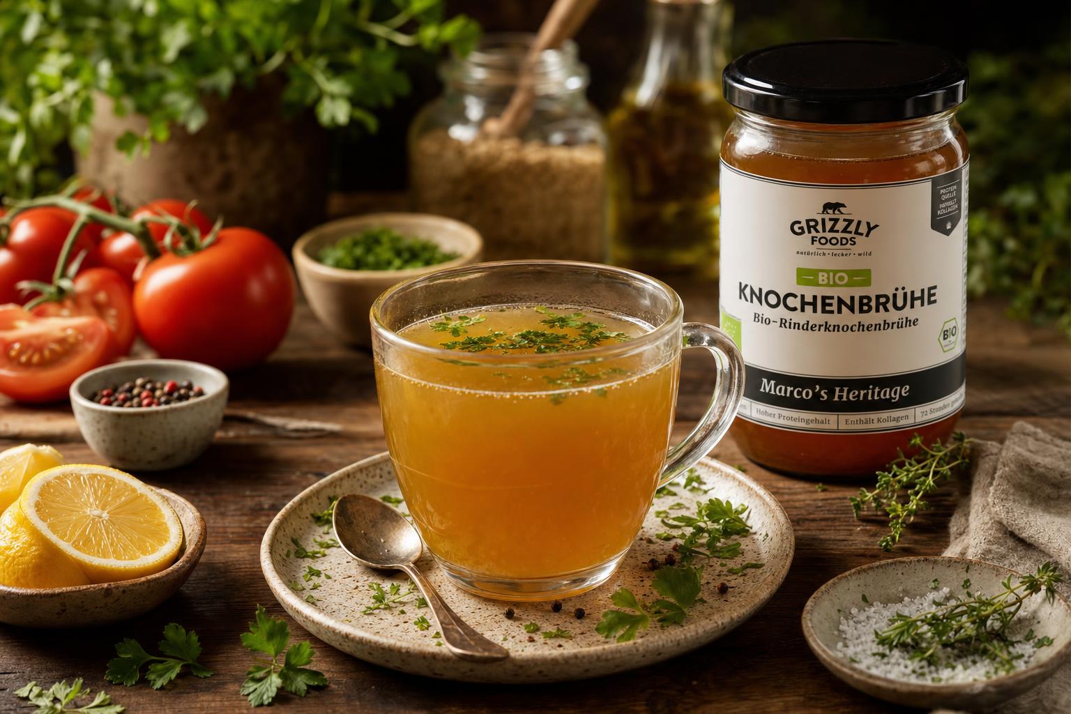 Ein Glas mit goldener Brühe auf Holz, umgeben von frischen Tomaten, Kräutern, Zitronenspalten und Getreide, im warmen Licht.