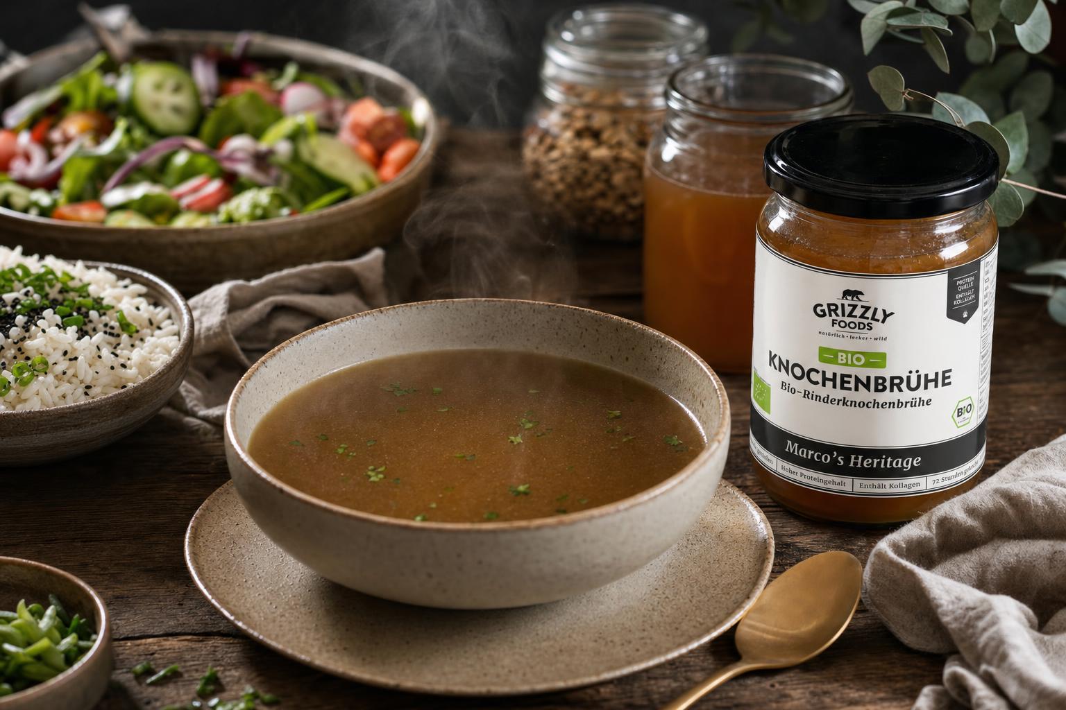 Eine dampfende Schale Knochenbrühe auf Holztisch, umgeben von frischem Salat, Reis und Gläsern mit Brühe und Granola.