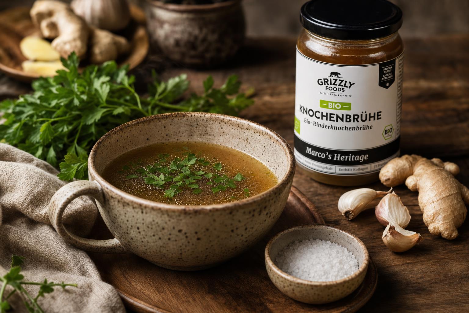 Eine rustikale Tasse mit heißer Knochenbrühe, garniert mit frischen Kräutern, daneben Petersilie, Knoblauch, Ingwer und grobes Salz.