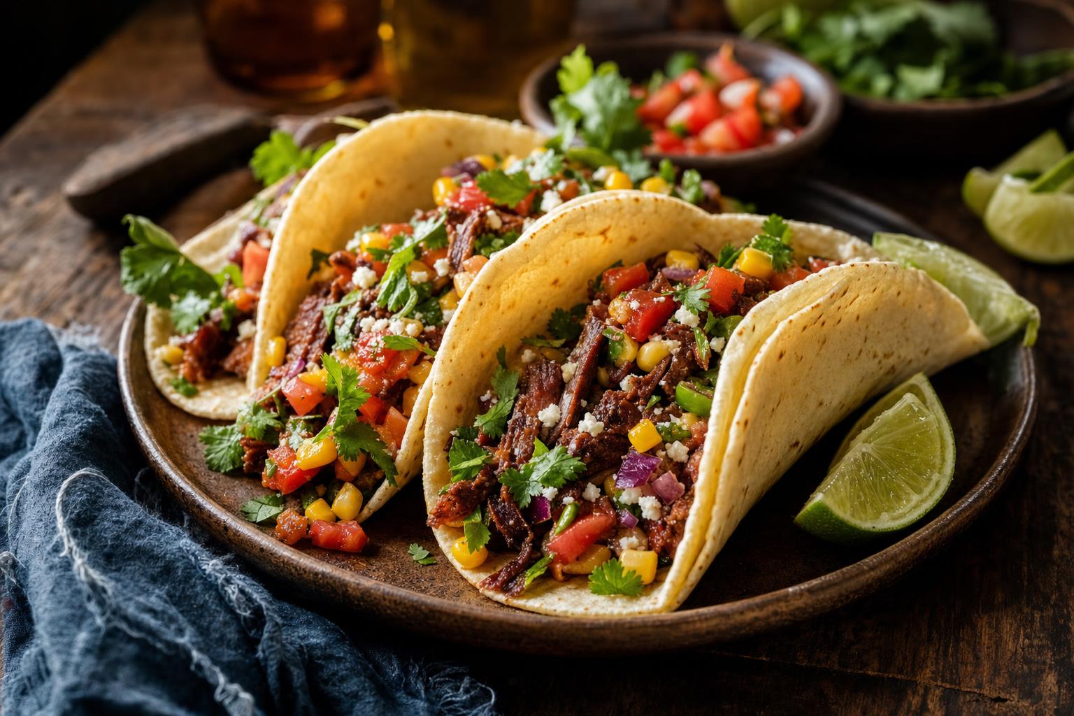 Drei Tacos mit pflanzlicher Füllung, Mais, Tomaten, Kräutern und Käse auf dunklem Stein, daneben eine halbierte Limette.