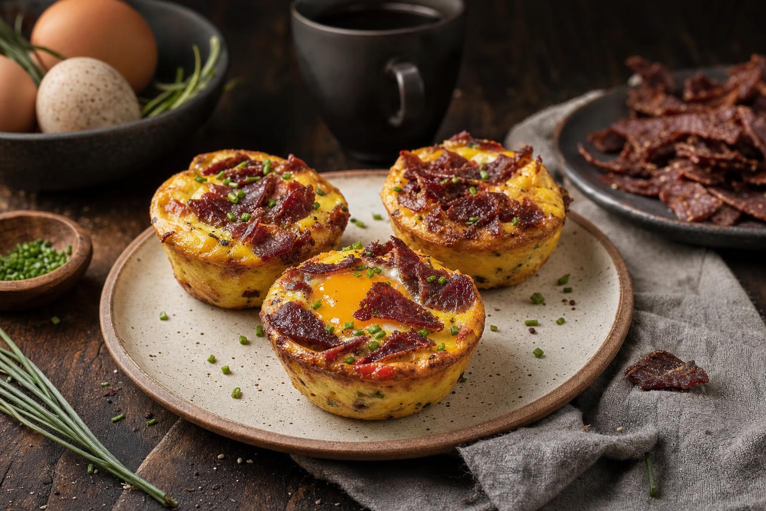 Vier herzhafte Eiermuffins auf Holzbrett, jeweils mit kleinen Stücken Rinderjerky belegt, einer mit sichtbarem Eigelb.