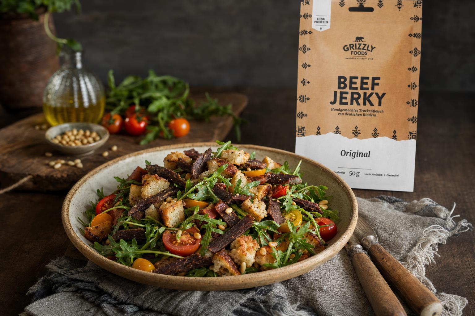 Brot-Salat mit Rucola, Kirschtomaten, gerösteten Pinienkernen, knusprigen Croutons und kleinen Stücken Rinderjerky auf rustikalem Teller