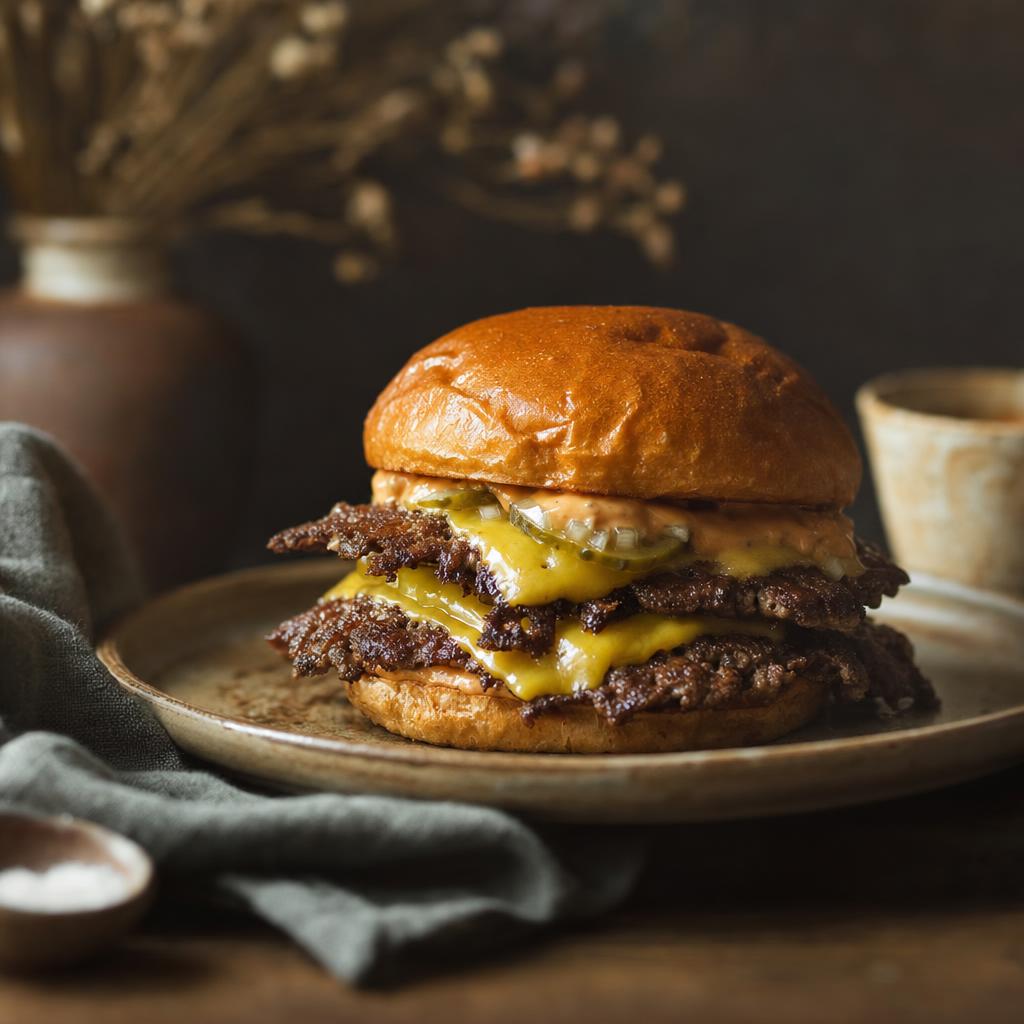 Saftiger Smashburger mit geschmolzenem Käse zwischen zwei knusprigen Rindfleischpatties und weichem, goldbraunem Brötchen in Händen gehalten