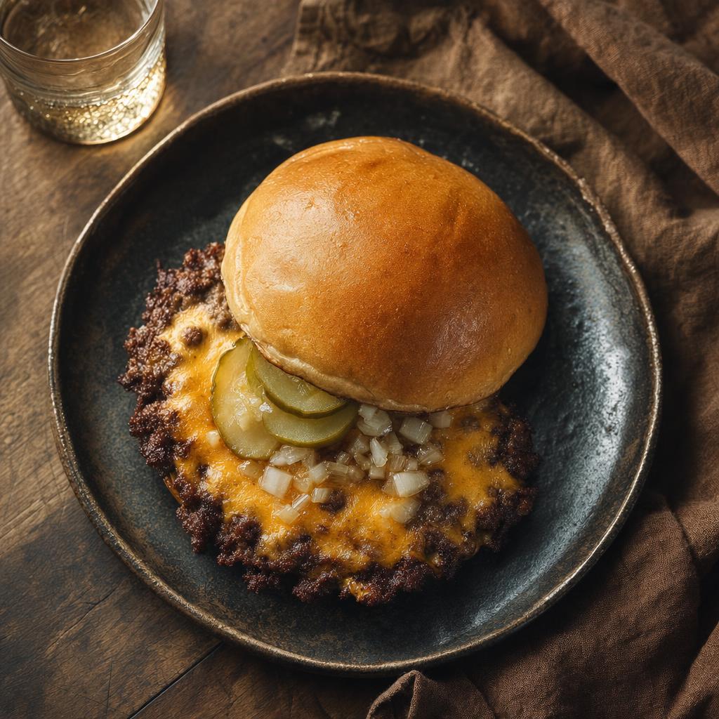 Smashburger mit goldbraunem Brötchen, knusprigem Rindfleischpatty, geschmolzenem Käse, Zwiebeln und Gurkenscheiben von oben fotografiert