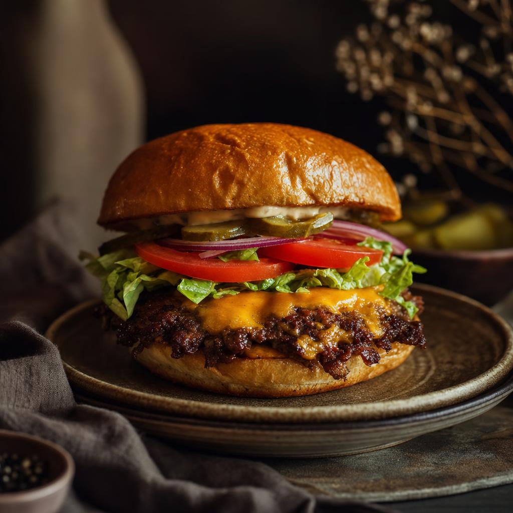 Smashburger mit goldbraunem Bun, geschmolzenem Käse, Salat, Tomate, Gurke und roten Zwiebeln vor dunklem Hintergrund.