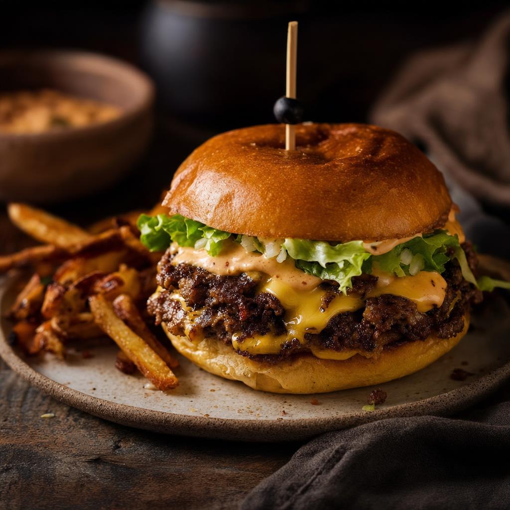 Saftiger Smashburger mit geschmolzenem Käse, Salat und Sauce im goldenen Bun, dazu Pommes auf weißem Teller, mit Holzspieß fixiert