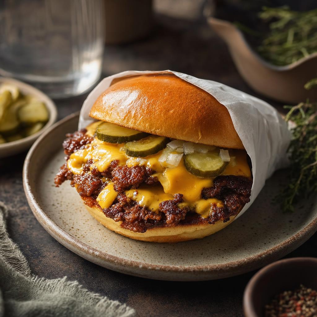 Smashburger mit glänzendem Brioche-Brötchen, geschmolzenem Käse, Gewürzgurken und knusprigem Rindfleisch-Patty in Papier gehalten.