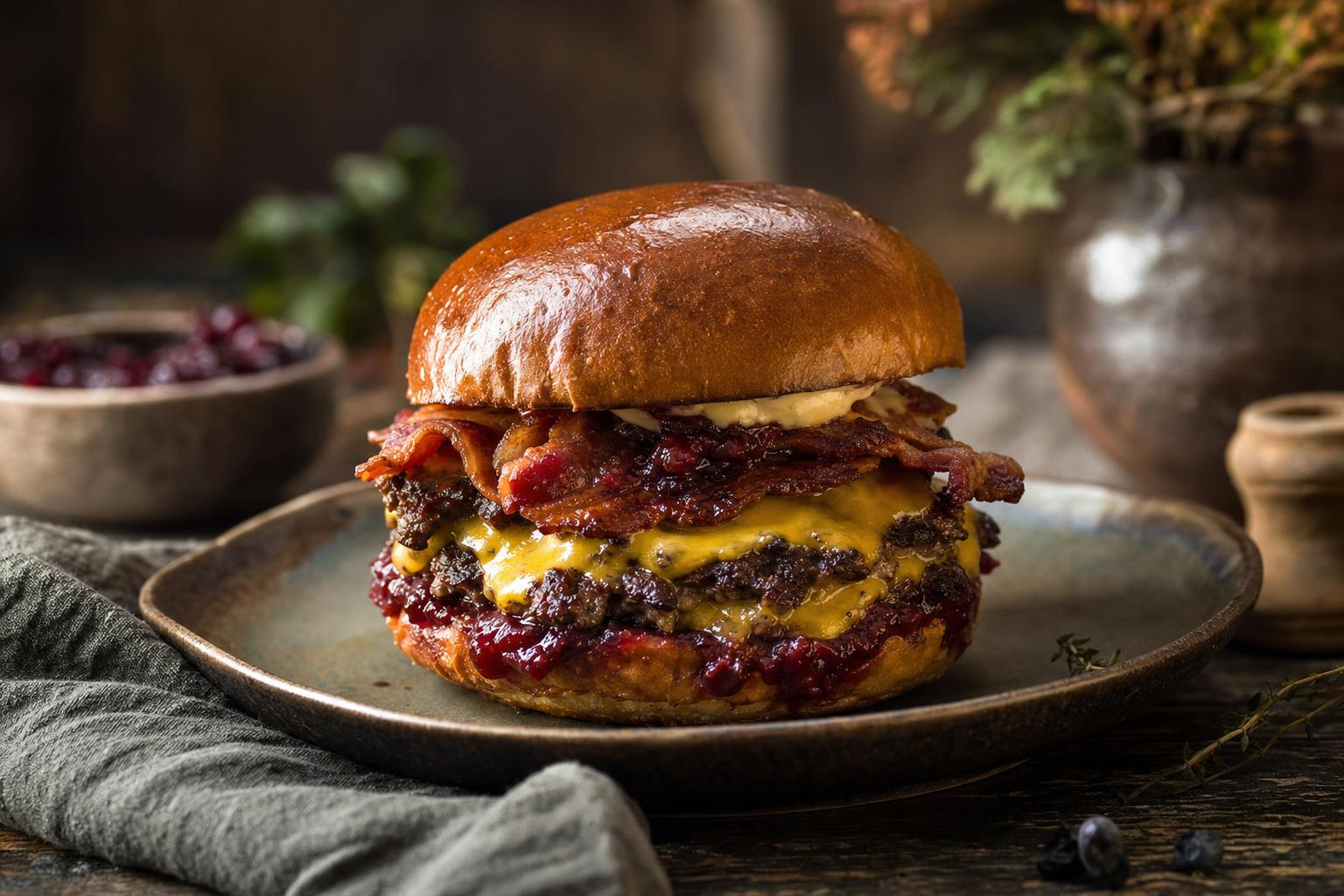 Smashburger mit glänzendem Brioche-Brötchen, geschmolzenem Käse, knusprigem Bacon und Beerensauce auf Steinplatte vor Holz-Hintergrund.