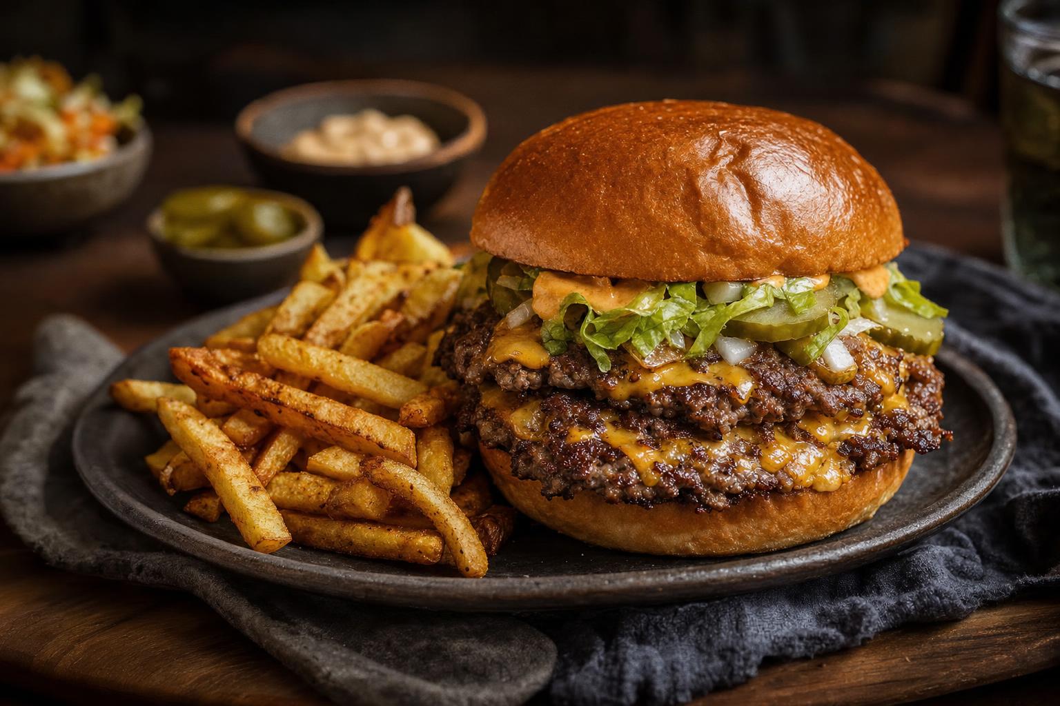 Doppelter Smashburger mit geschmolzenem Käse, Salat, Gurken und Sauce auf Holzplatte, dazu goldene Pommes frites.