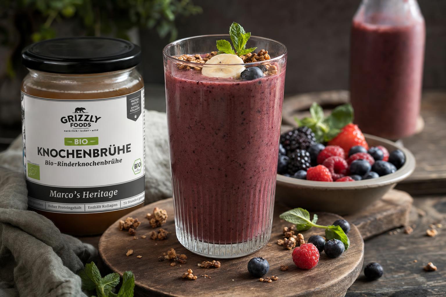 Ein hohes Glas mit beerigem Smoothie, garniert mit Bananenscheibe, Minze und Granola, daneben frische Beeren auf Holz.