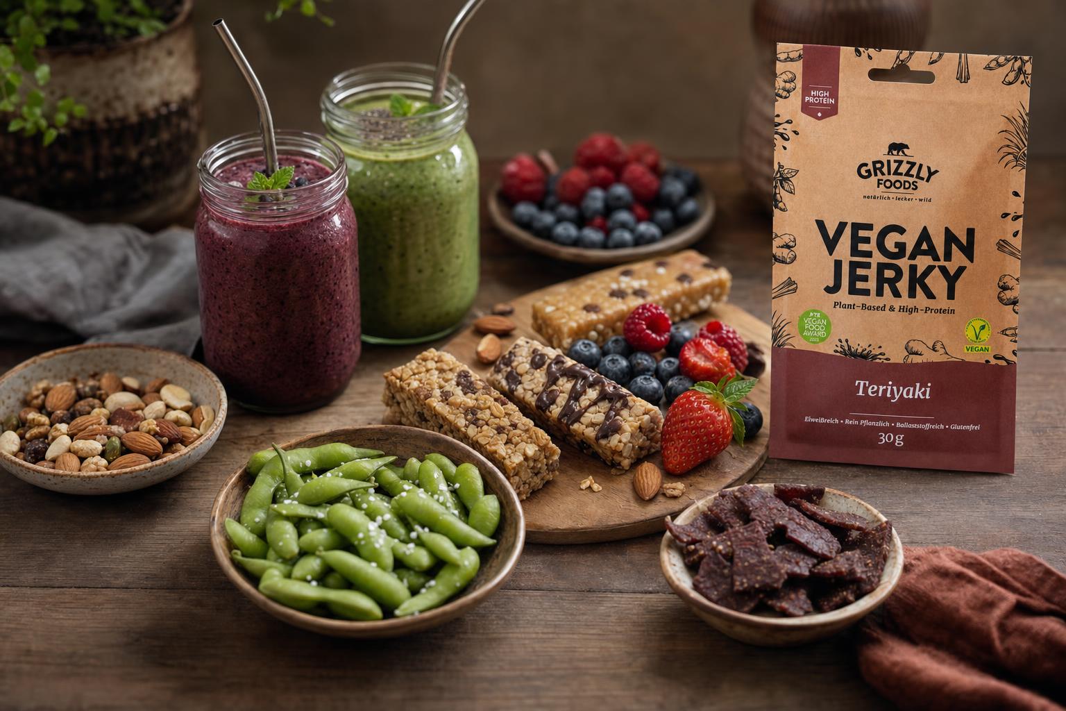 Bunte Auswahl veganer Snacks: Müsliriegel, frische Beeren, Edamame, Nüsse und Smoothies in Gläsern auf einem Holztisch angerichtet.