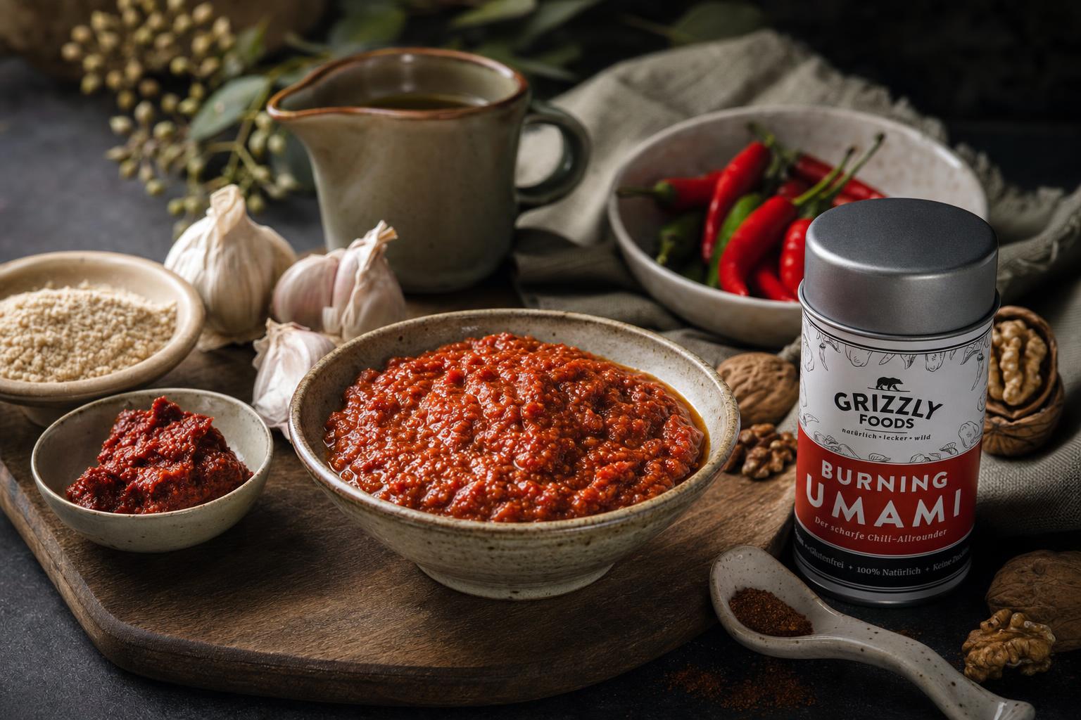 Scharfe rote Adschika-Paste mit Walnüssen, Peperoni und Knoblauch in einer Schale, daneben frische Kräuter und Brot.
