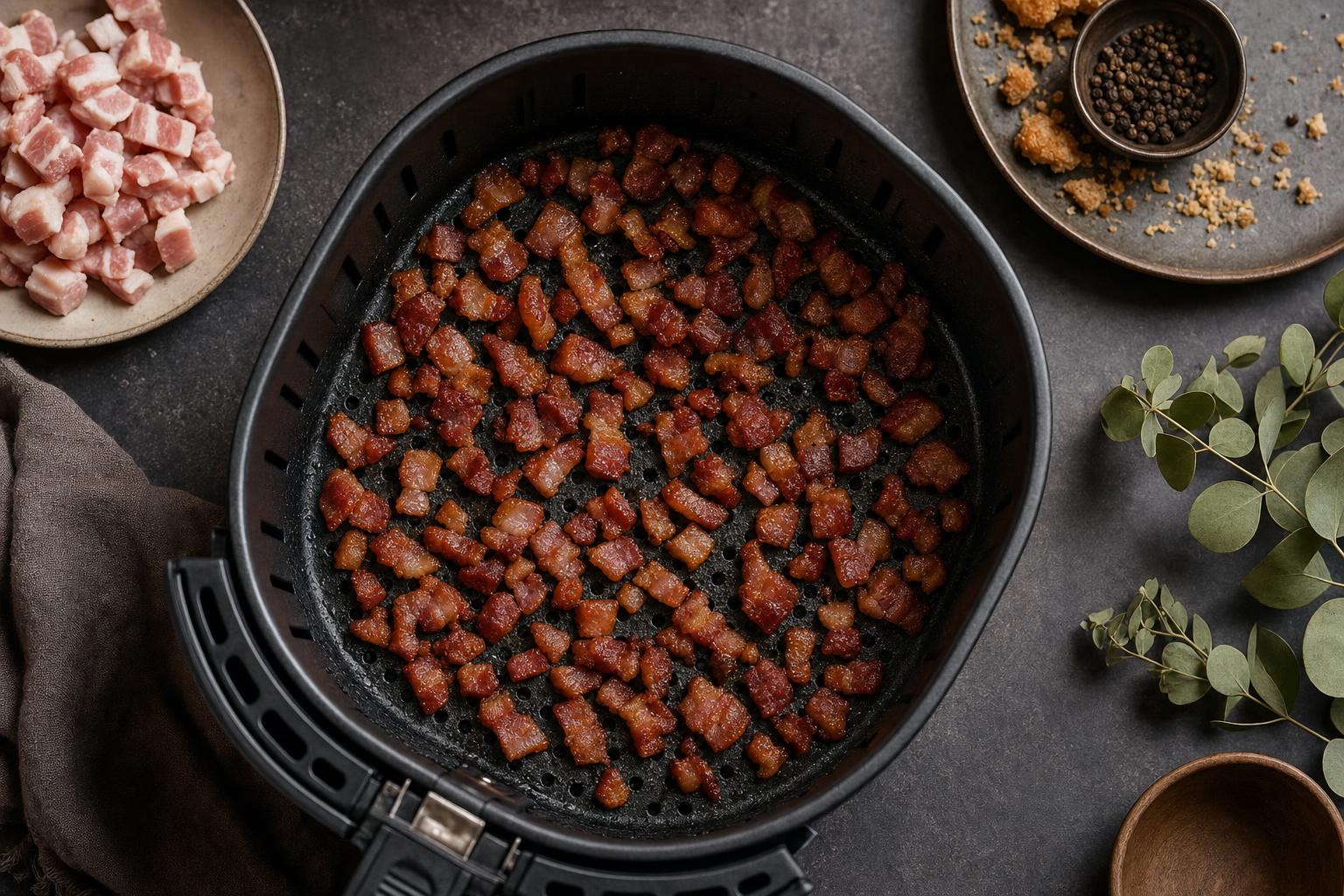 Bacon Bits – Würfelig geschnittener Bacon im Airfryer-Korb, teilweise knusprig gebraten, Draufsicht
