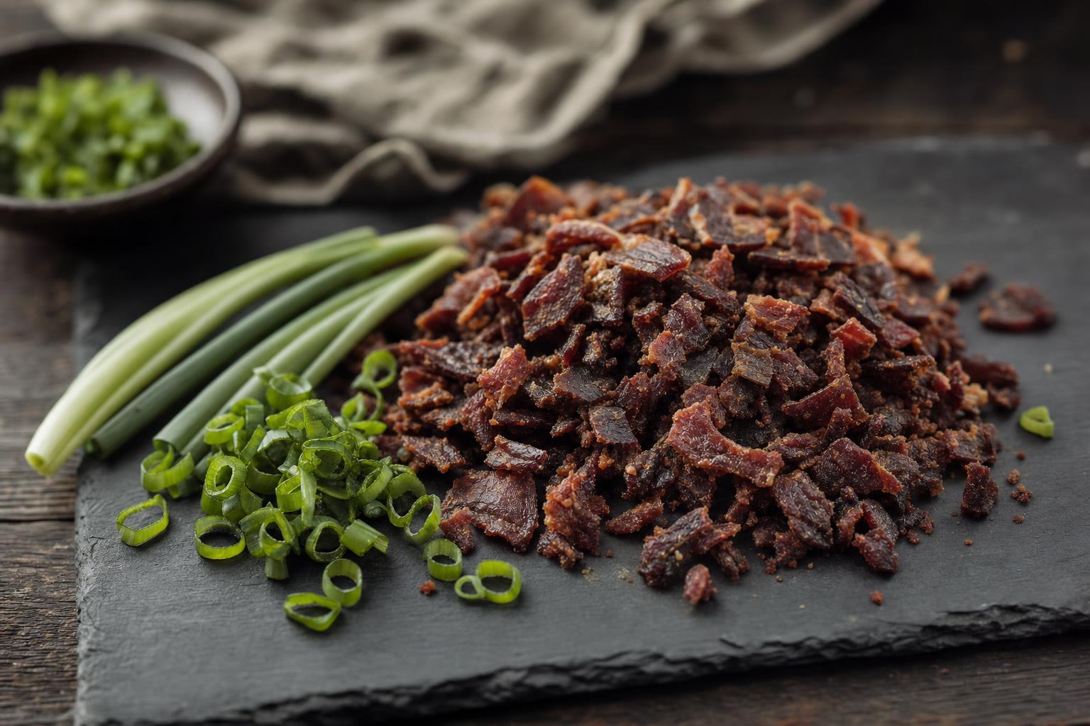 Bacon Bits – Knusprige Rindfleisch-Jerky-Stücke auf dunkler Schieferplatte, daneben frische grüne Frühlingszwiebeln, stimmungsvolles Licht