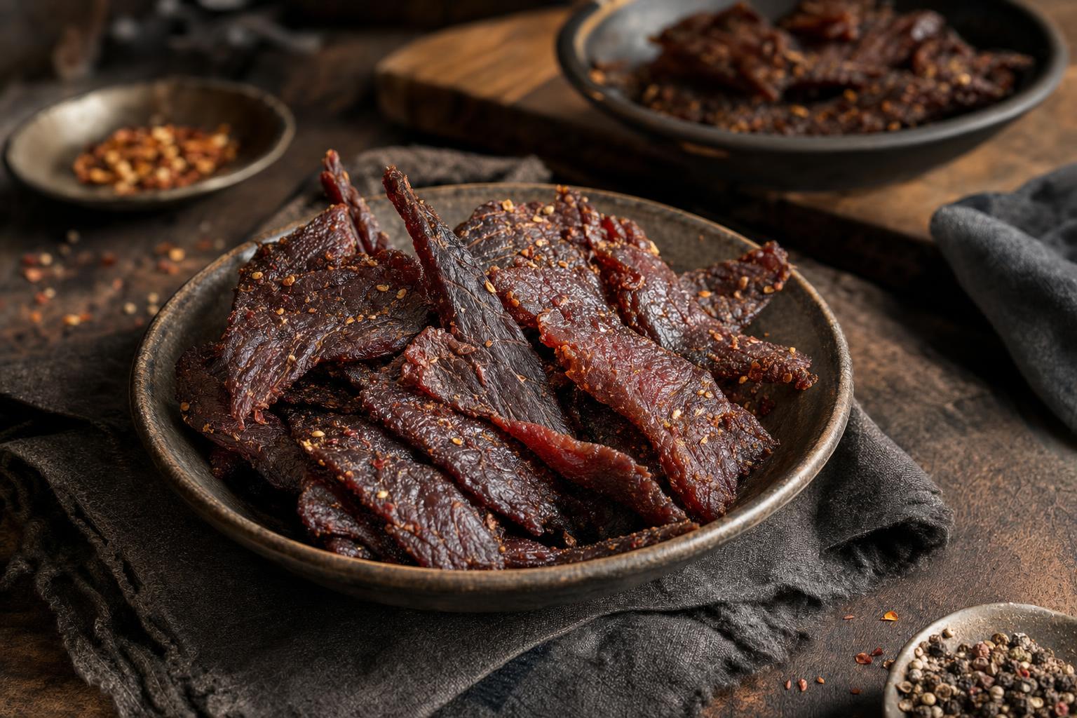 Airfryer Beef Jerky – Schale mit dünnen, glänzenden Scheiben Beef Jerky auf einem Tuch, im Hintergrund weitere Schale mit Jerky, warm ausgeleuchtet