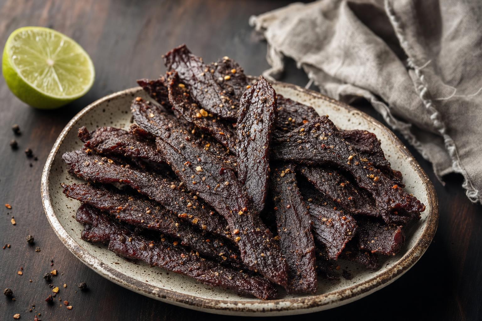 Airfryer Beef Jerky – Dunkle, dünne Streifen selbstgemachtes Beef Jerky liegen auf einem Teller, daneben eine halbierte Limette und eine Serviette.