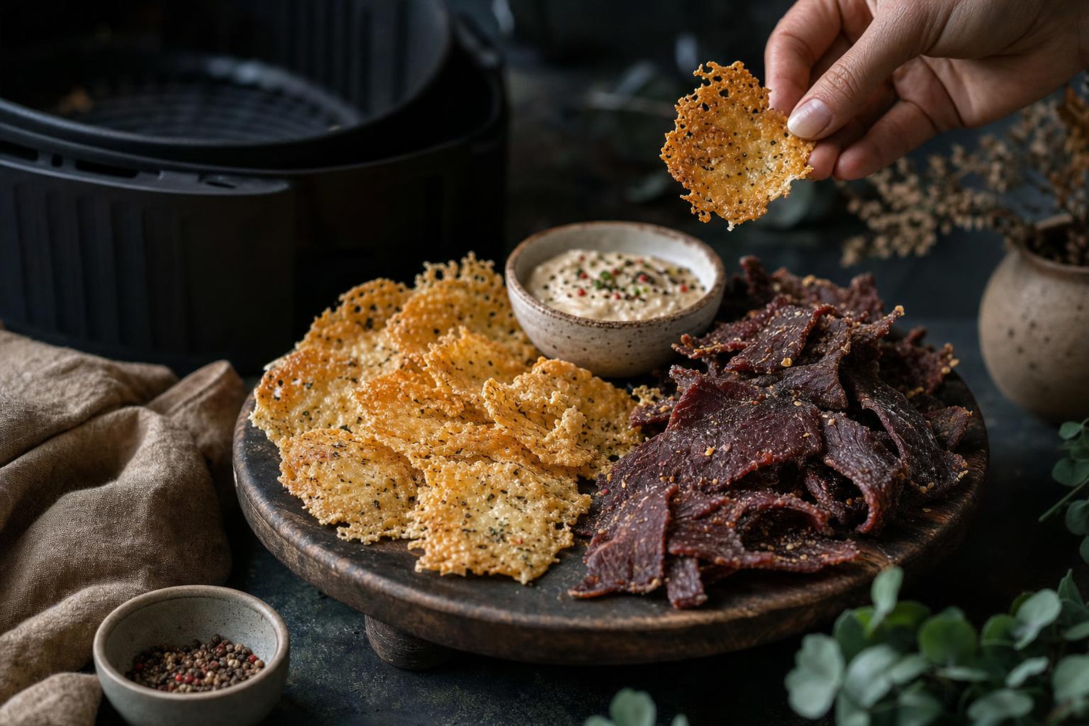 Airfryer Käsechips – Airfryer Käsechips & Jerky-Crisps – Low-Carb Snackplatte