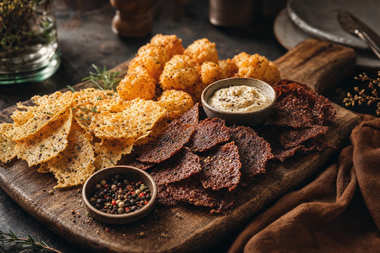 Airfryer Käsechips auf Protein-Snackplatte mit Jerky