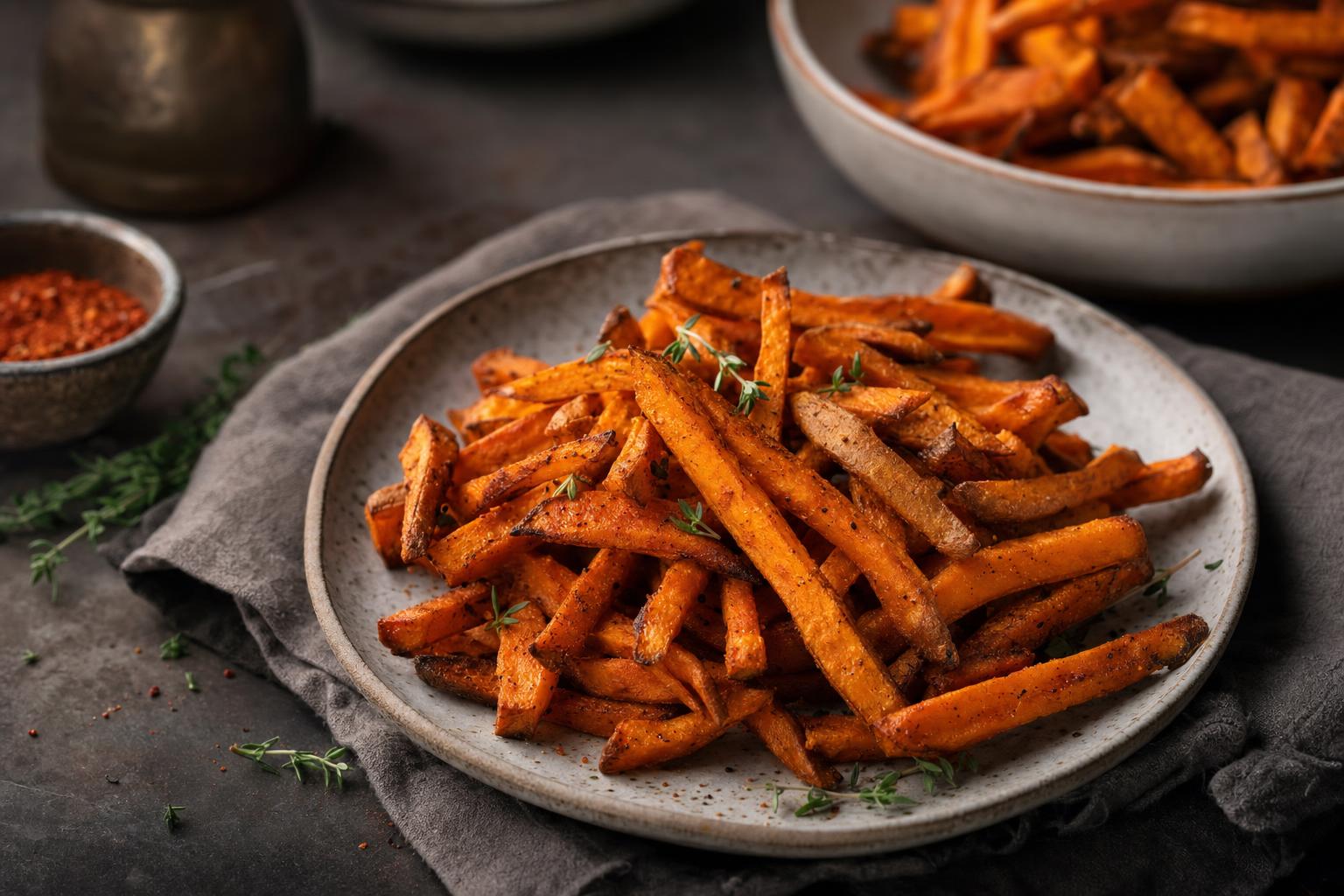 Knusprige Süßkartoffel-Pommes auf dunklem Teller, garniert mit frischen Kräutern, daneben weitere Pommes und eine Kerze im Hintergrund