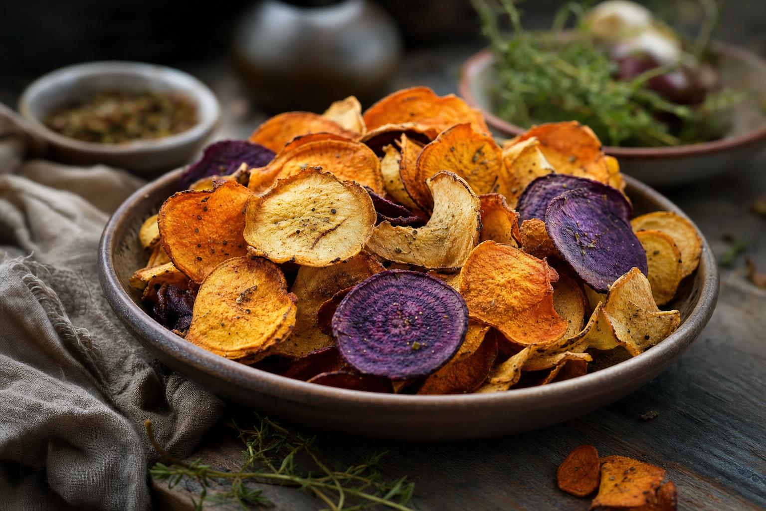 Bunte, knusprige Gemüsechips aus gelben, orangefarbenen und violetten Scheiben auf einem Keramikteller, appetitlich angerichtet.
