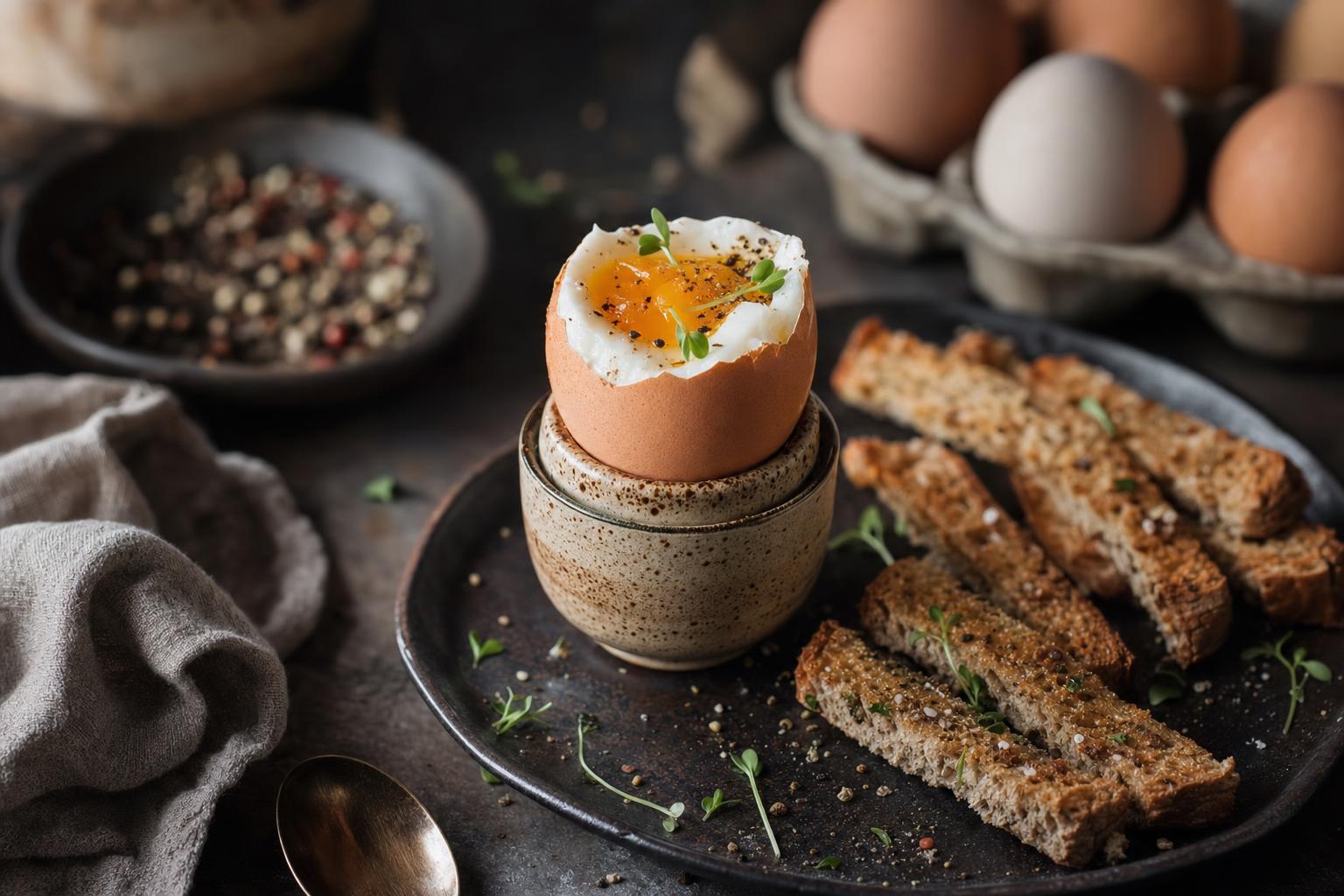 Alternativen zu Proteinriegeln – Ein weichgekochtes Ei im Holzbecher, bestreut mit Kräutern, daneben Brotscheiben, Eierkarton und frische Kräuter im Hintergrund.