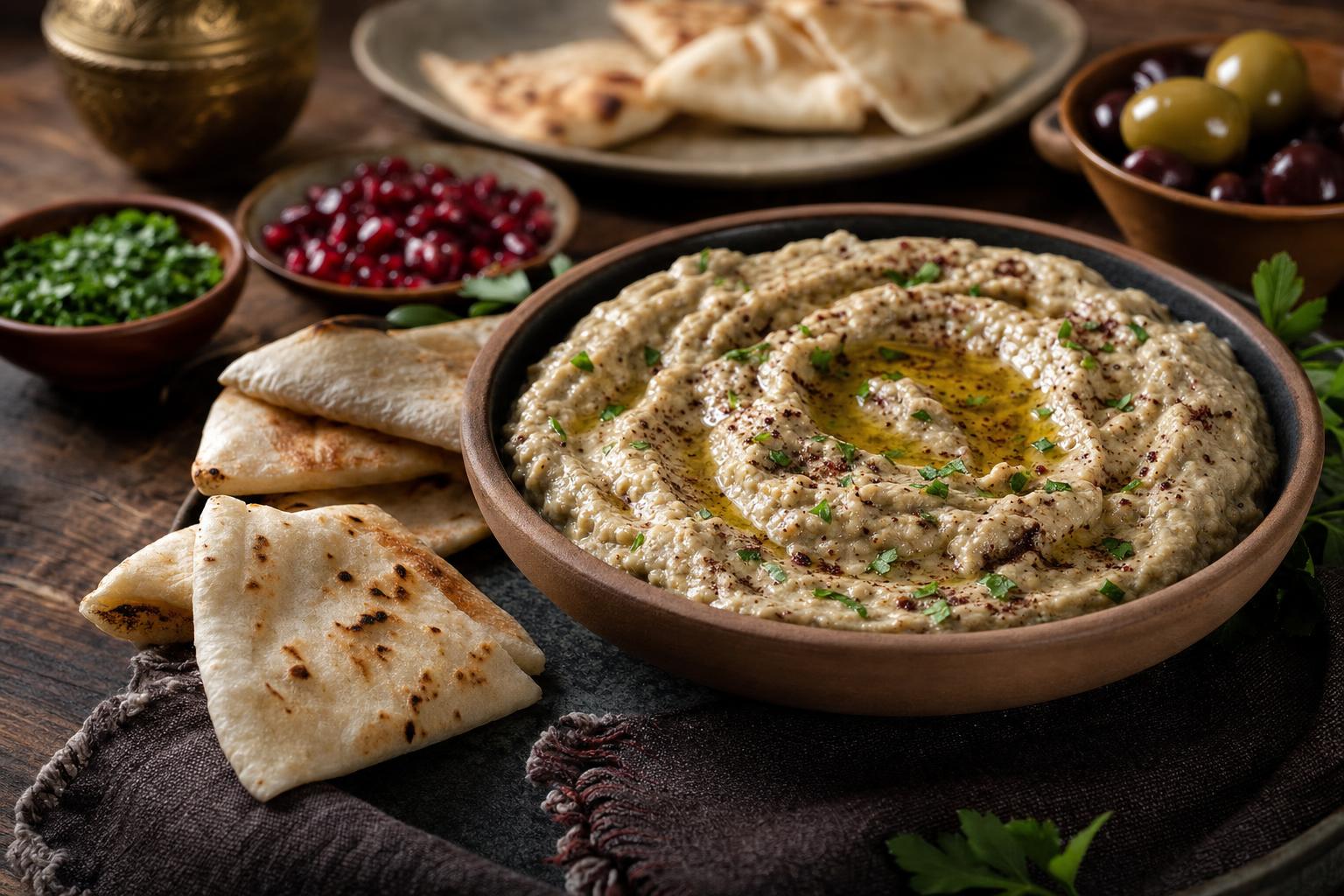 Schale mit cremigem Baba Ghanoush, garniert mit Kräutern und Olivenöl, dazu Pita-Brot und kleine Schalen mit weiteren Beilagen.
