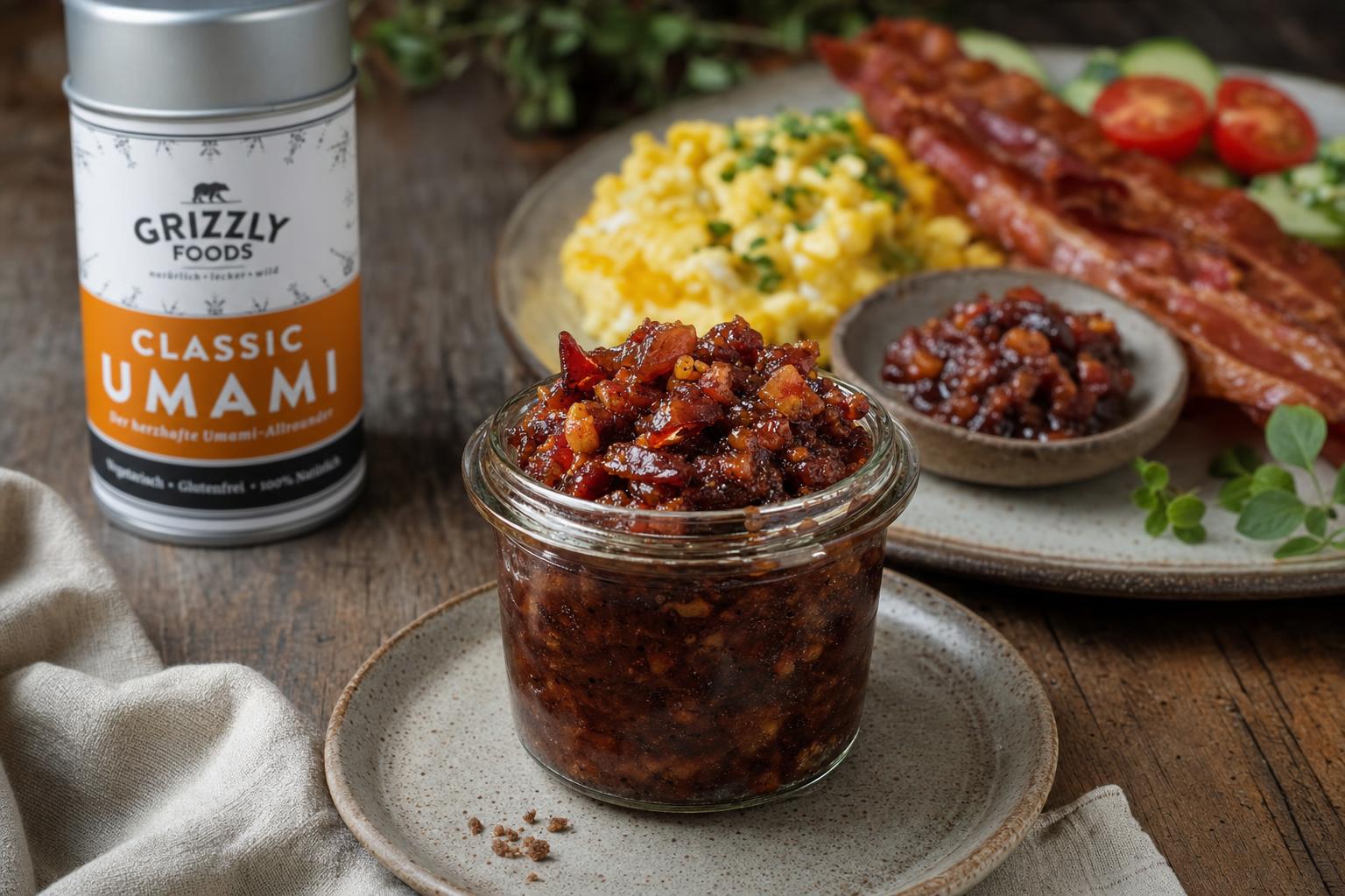 Kleines Glas mit stückiger Bacon Jam im Vordergrund, dahinter Rührei, Gemüse und Bacon Jam auf einem Teller, hell beleuchtet.