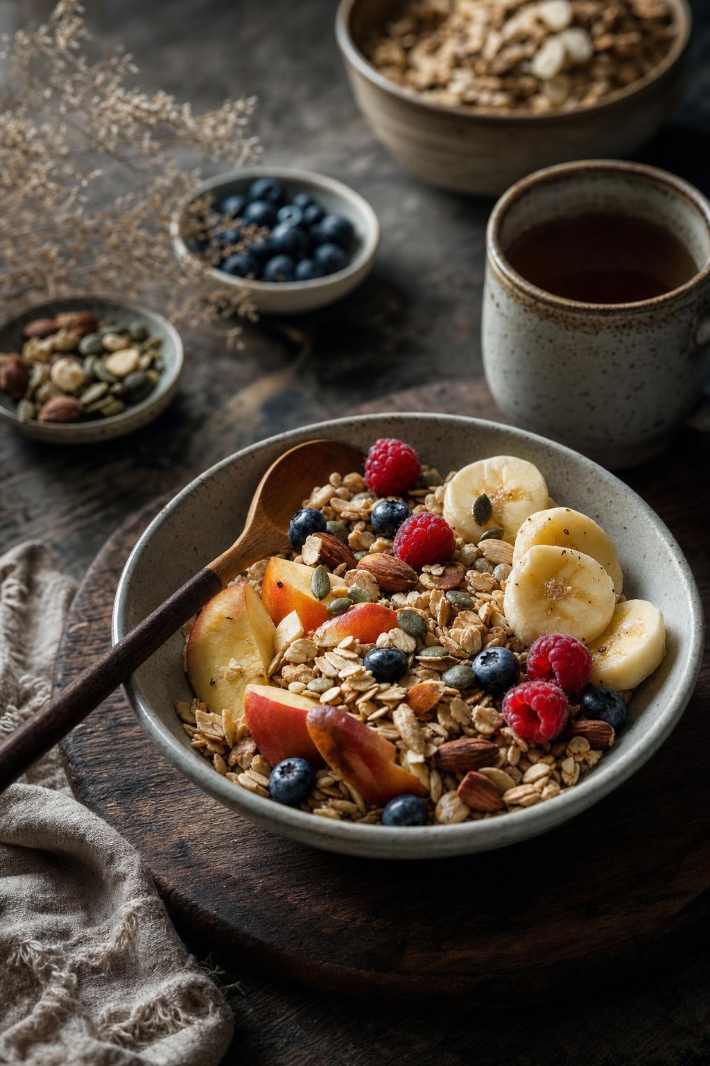 Schale mit Müsli, frischen Obststücken, Samen und Nüssen, daneben eine Tasse Heißgetränk auf einem Holztisch.