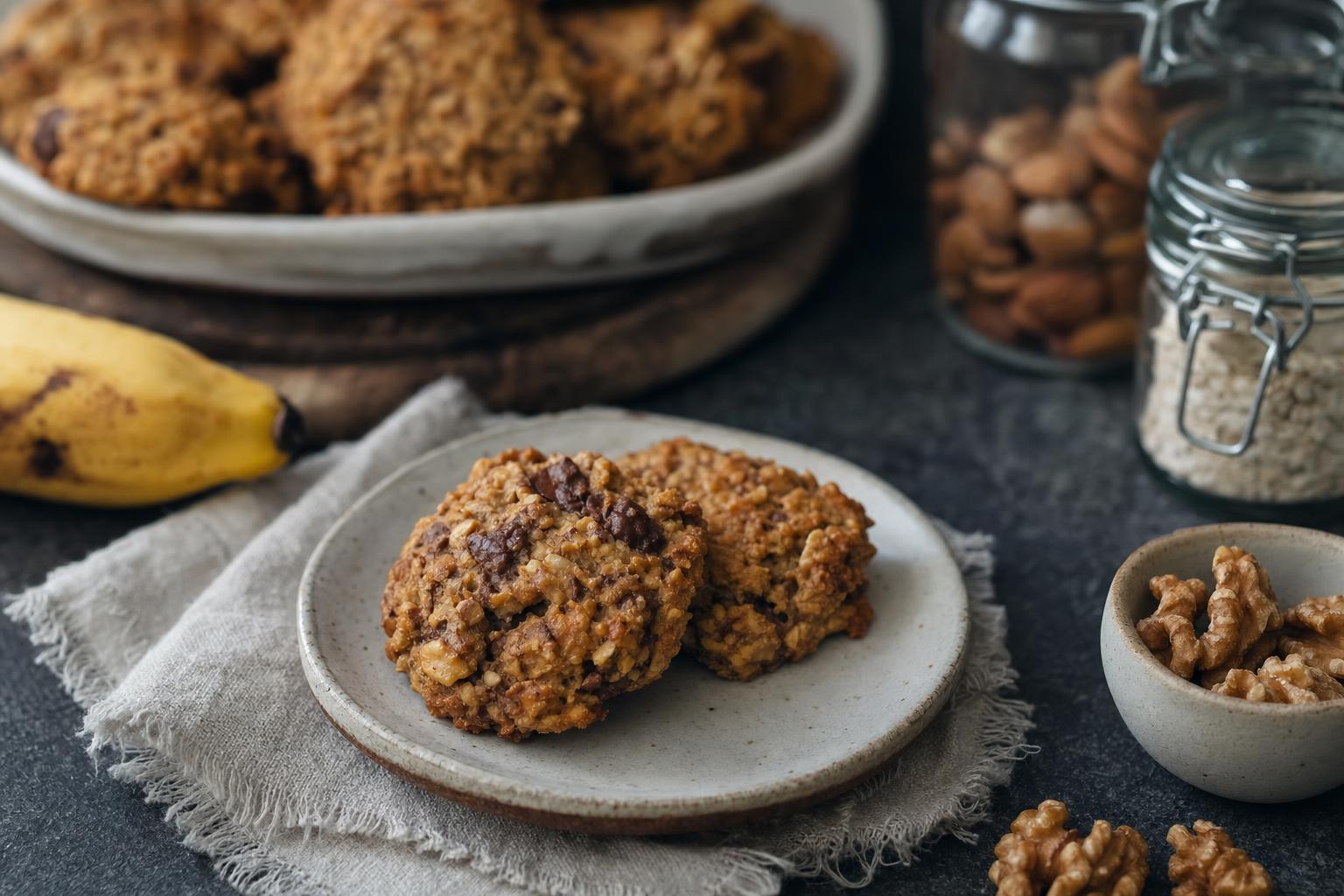 Zwei Bananen-Cookies auf dunklem Untergrund, dahinter eine weiße Schale mit weiteren Cookies und Gläser mit Nüssen im Hintergrund.