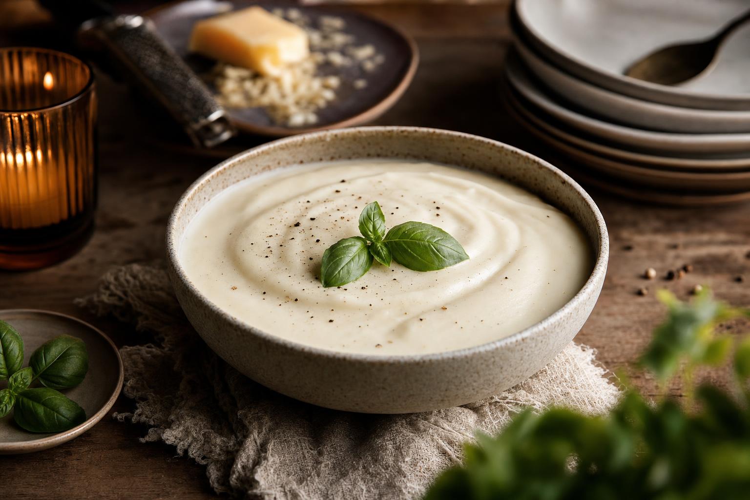 Schale mit cremiger, weißer Bechamelsauce, garniert mit Basilikumblatt, auf rustikalem Tisch mit Tellern und Kerze im Hintergrund.