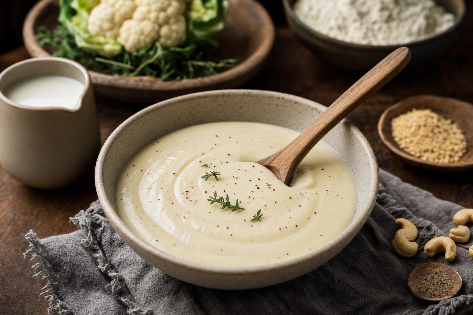 Weiße, cremige vegane Bechamelsauce in einer kleinen Schale, daneben ein Löffel, auf hellem Untergrund angerichtet