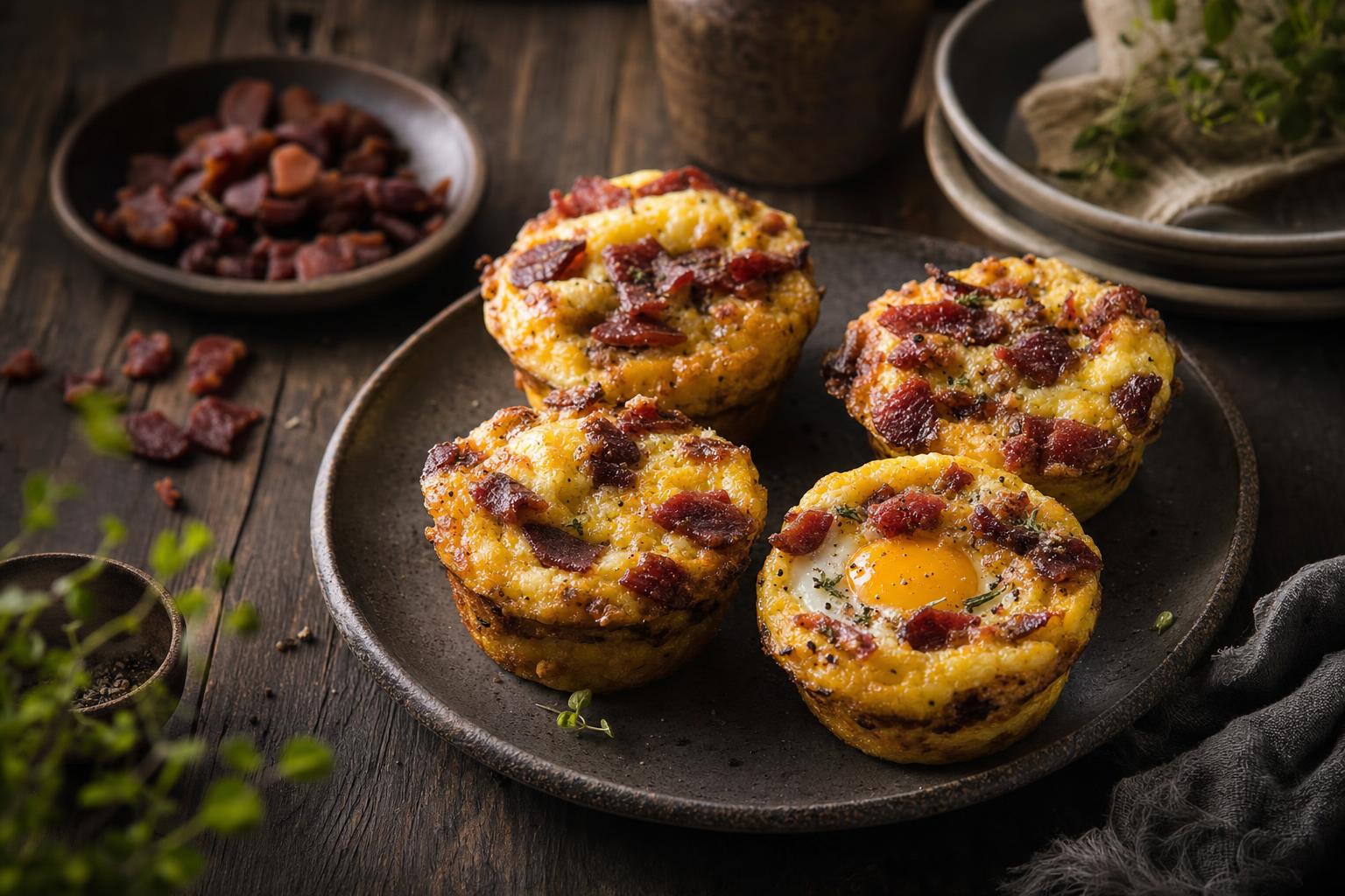 Vier herzhafte Muffins auf Holzbrett, drei mit Beef Jerky-Stückchen, einer mit sichtbarem Eigelb in der Mitte, goldbraun gebacken.