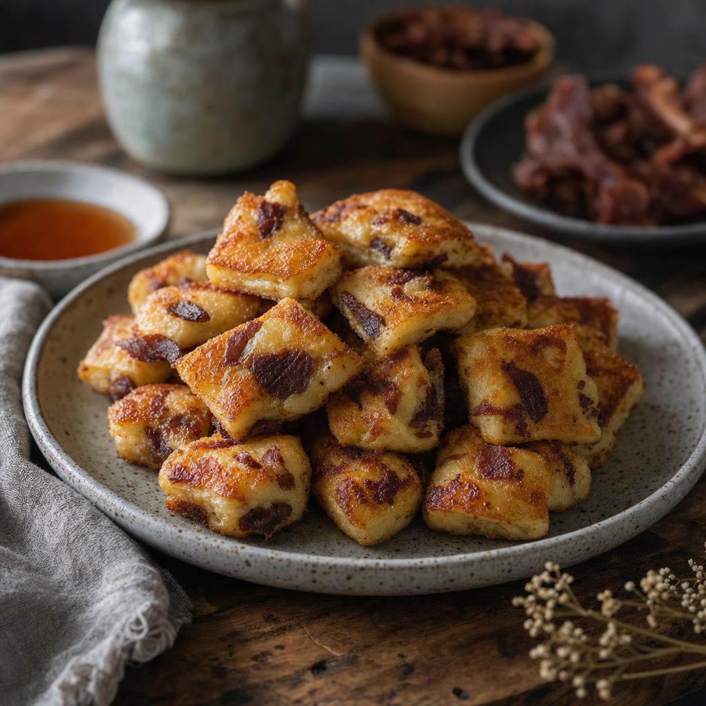 Kleine, goldbraune Pancake-Nuggets mit knusprigen Rändern und sichtbaren Beef-Jerky-Stücken auf einem rustikalen Holzbrett.