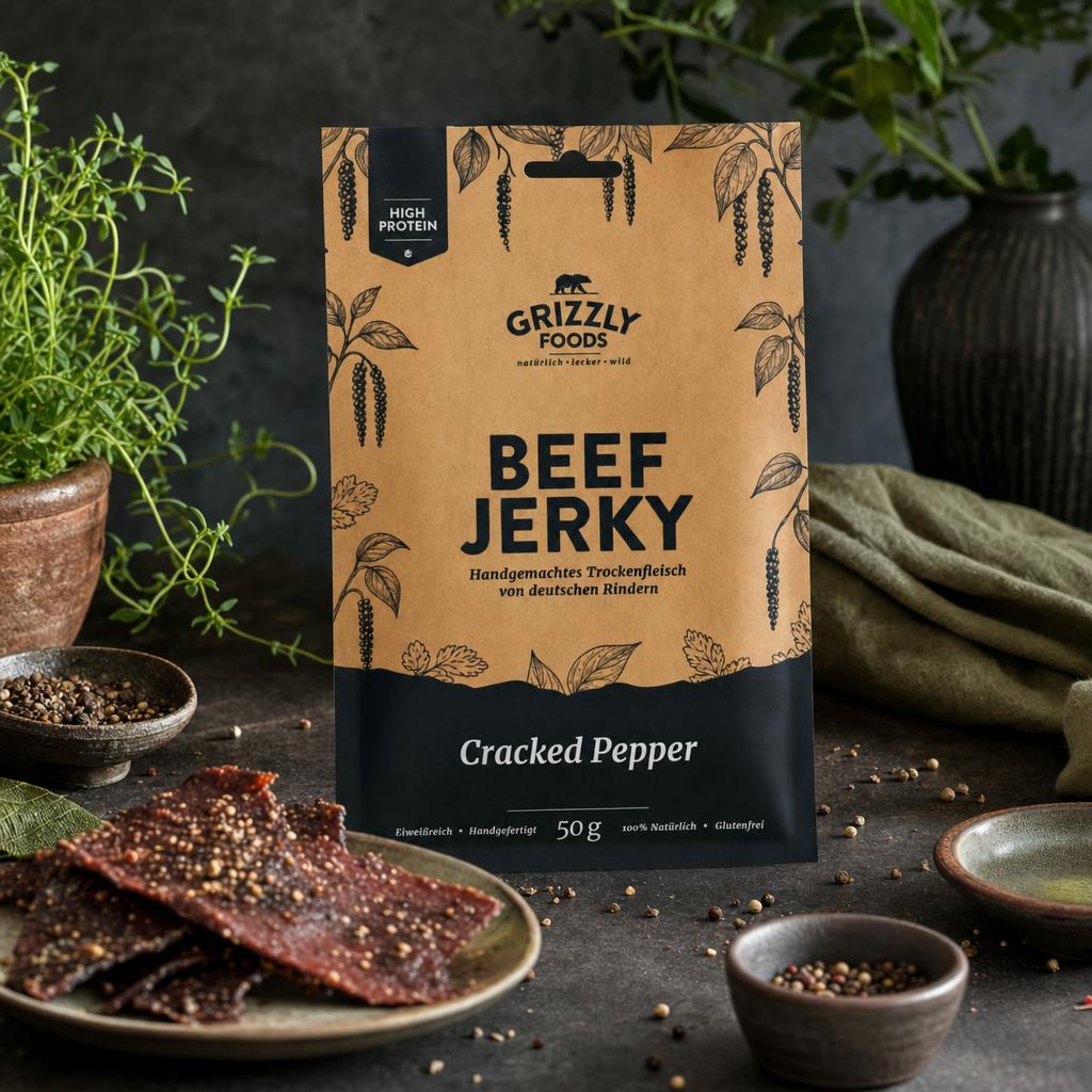 Sechs Packungen Beef Jerky in verschiedenen Farben fächerförmig auf dunklem Untergrund, mit Kräutern und Teller im Hintergrund.