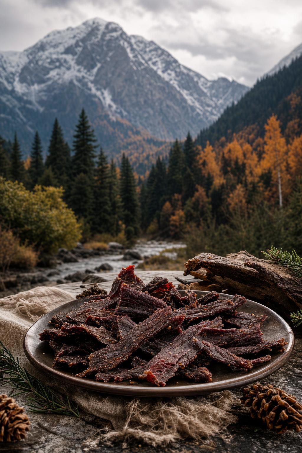 Herbstlicher Wald mit buntem Laub im Vordergrund, dahinter schneebedeckte Berge unter bewölktem Himmel, natürliche Landschaft