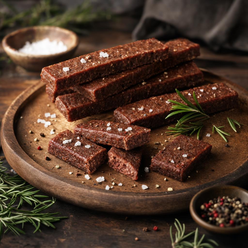 Mehrere Rindfleisch-Proteinriegel auf Holzbrett, teils aufgeschnitten, bestreut mit grobem Salz, Pfeffer und frischem Rosmarin.