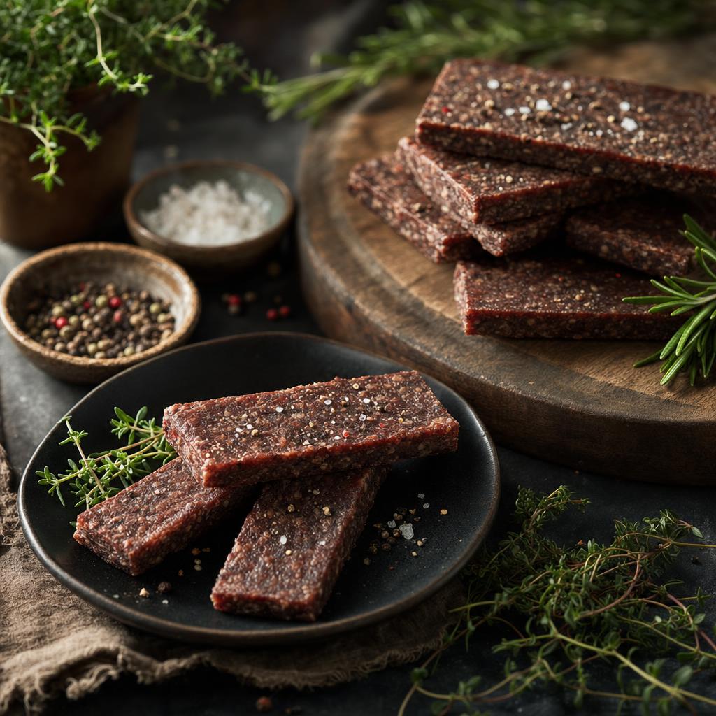 Mehrere kompakte, rechteckige Fleischriegel mit grobem Salz und Pfeffer auf Holzbrett und dunklem Teller, umgeben von frischen Kräutern.